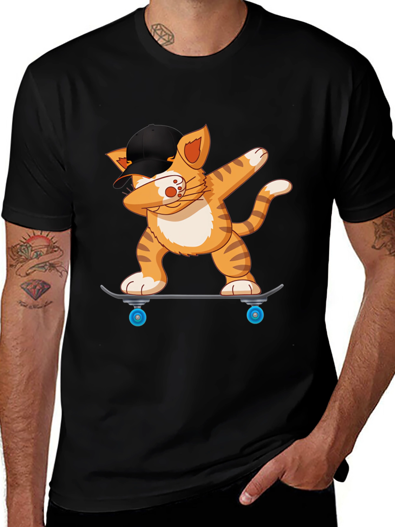 Variant 18 of Cool Cat Dabbing on Skateboard Black T-Shirt