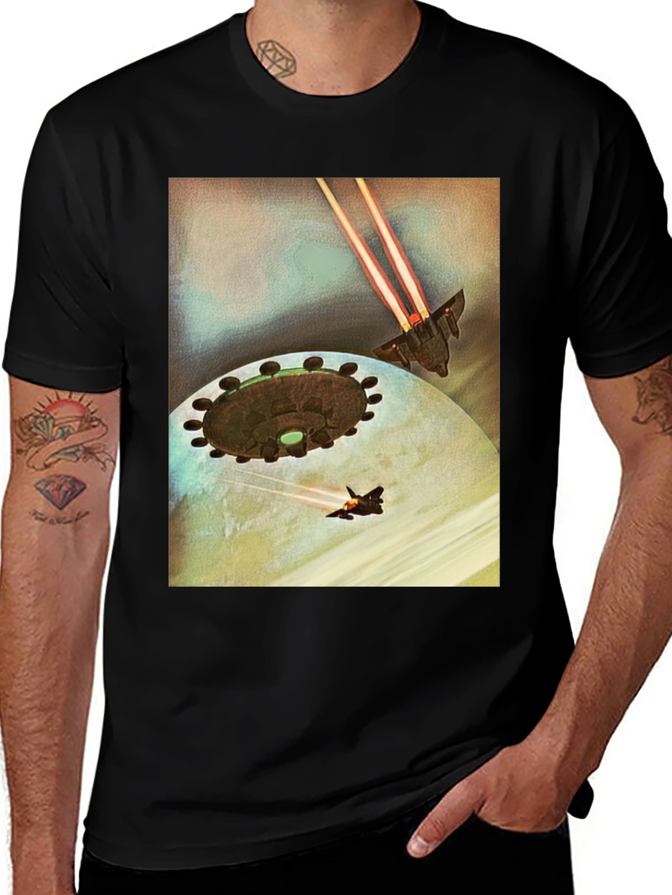 Variant 10 of Sci-Fi Spaceship Battle Black T-Shirt