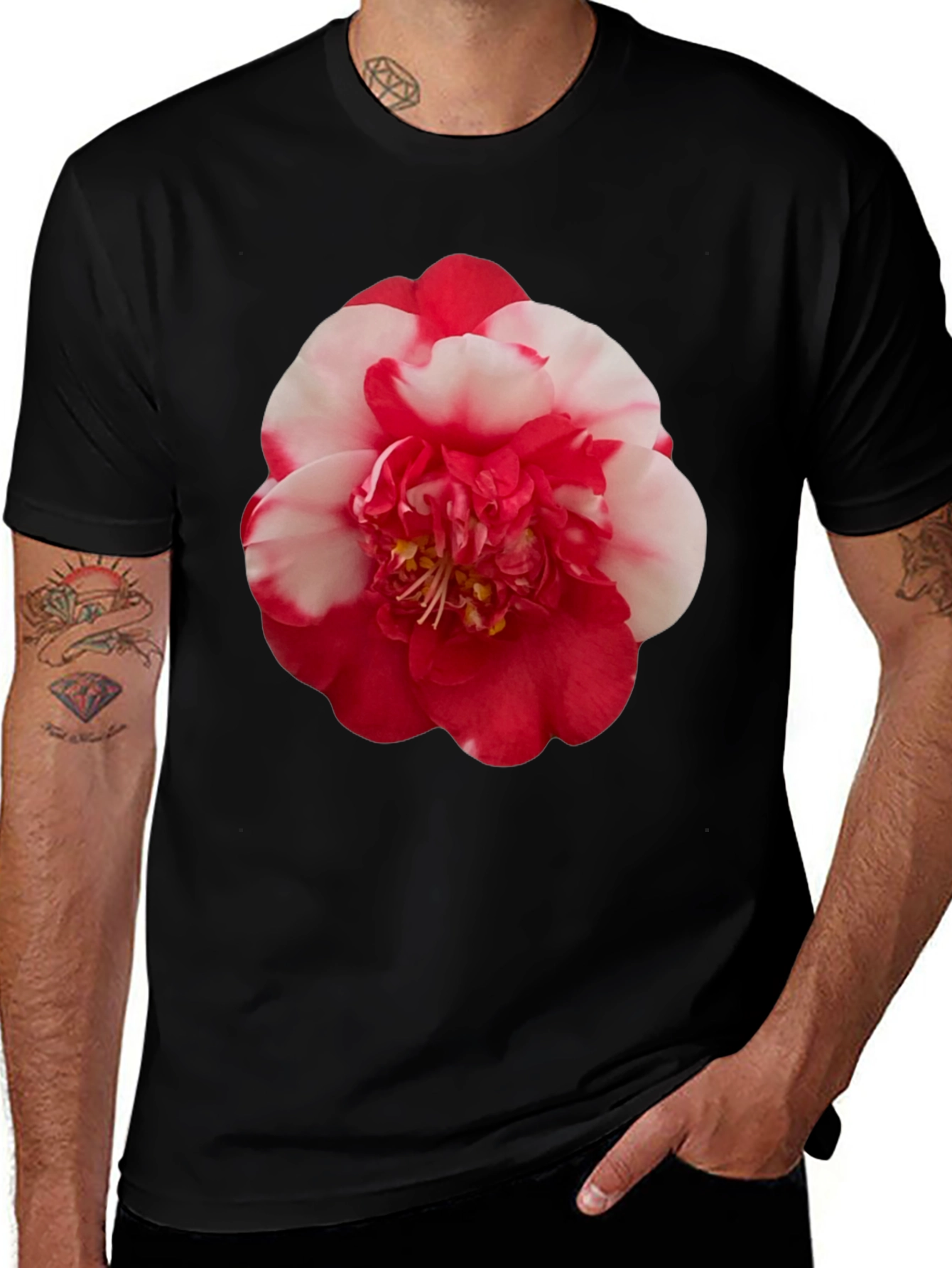 Variant 26 of Floral Graphic Tee - Red and White Camellia Design