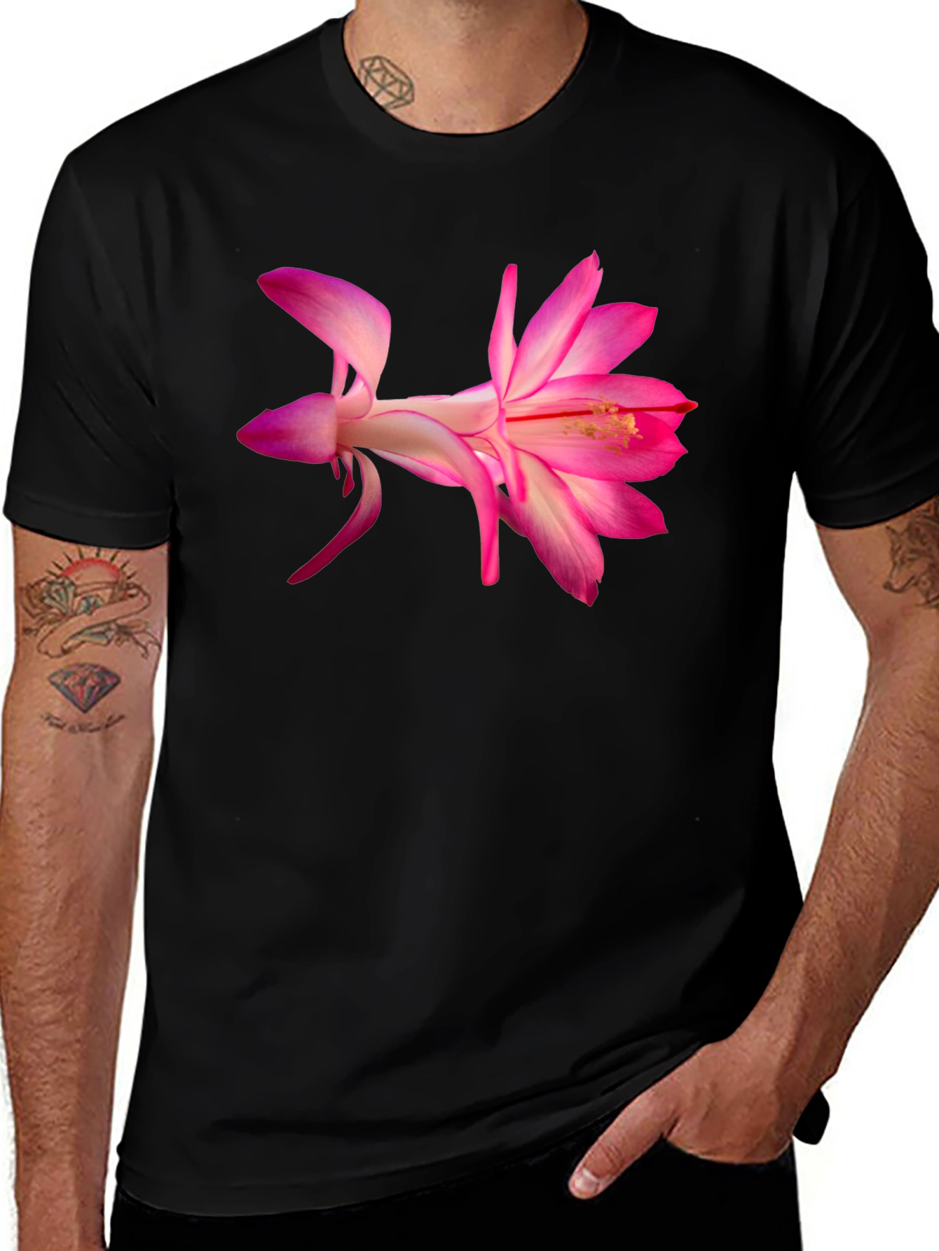 Variant 9 of Pink Flower Graphic Black T-Shirt