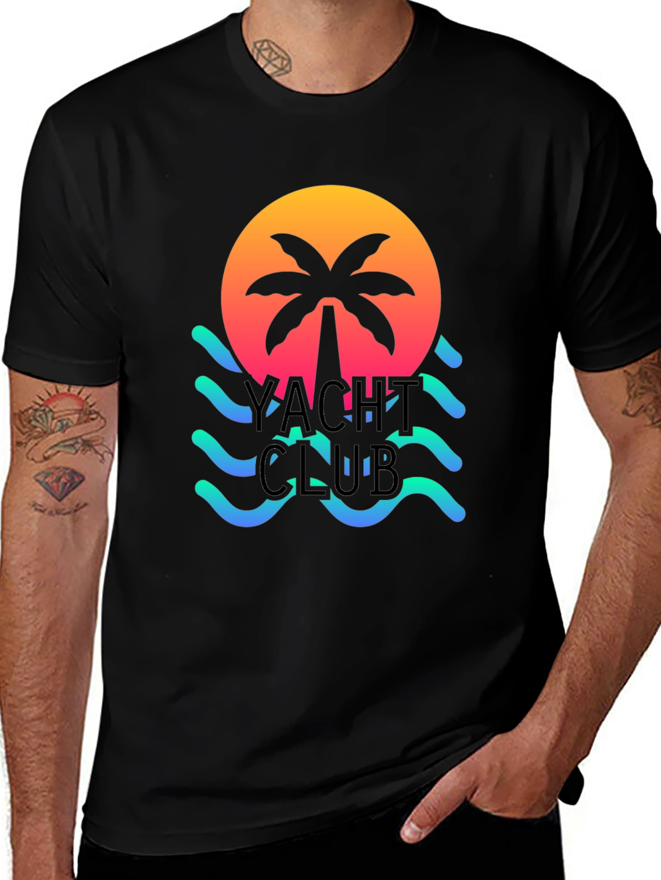 Variant 28 of Yacht Club Palm Tree Graphic Black T-Shirt