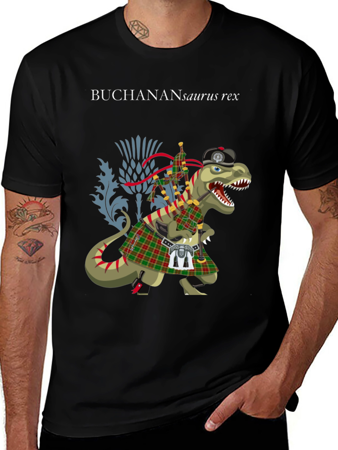 Variant 19 of Buchanan T-Rex Scottish Kilt T-Shirt