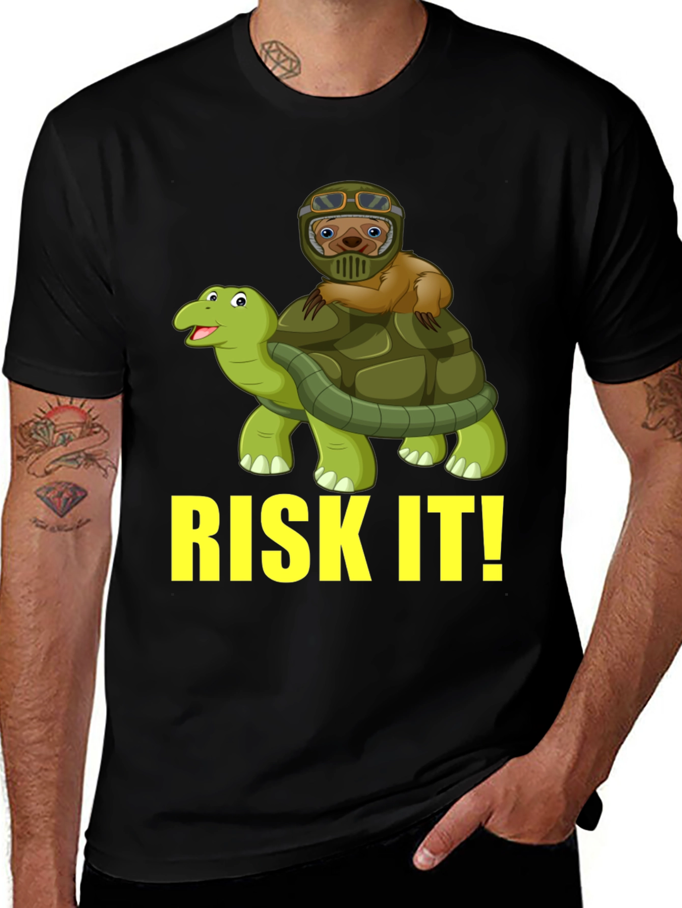 Variant 18 of Risk It Sloth on Turtle Graphic Tee