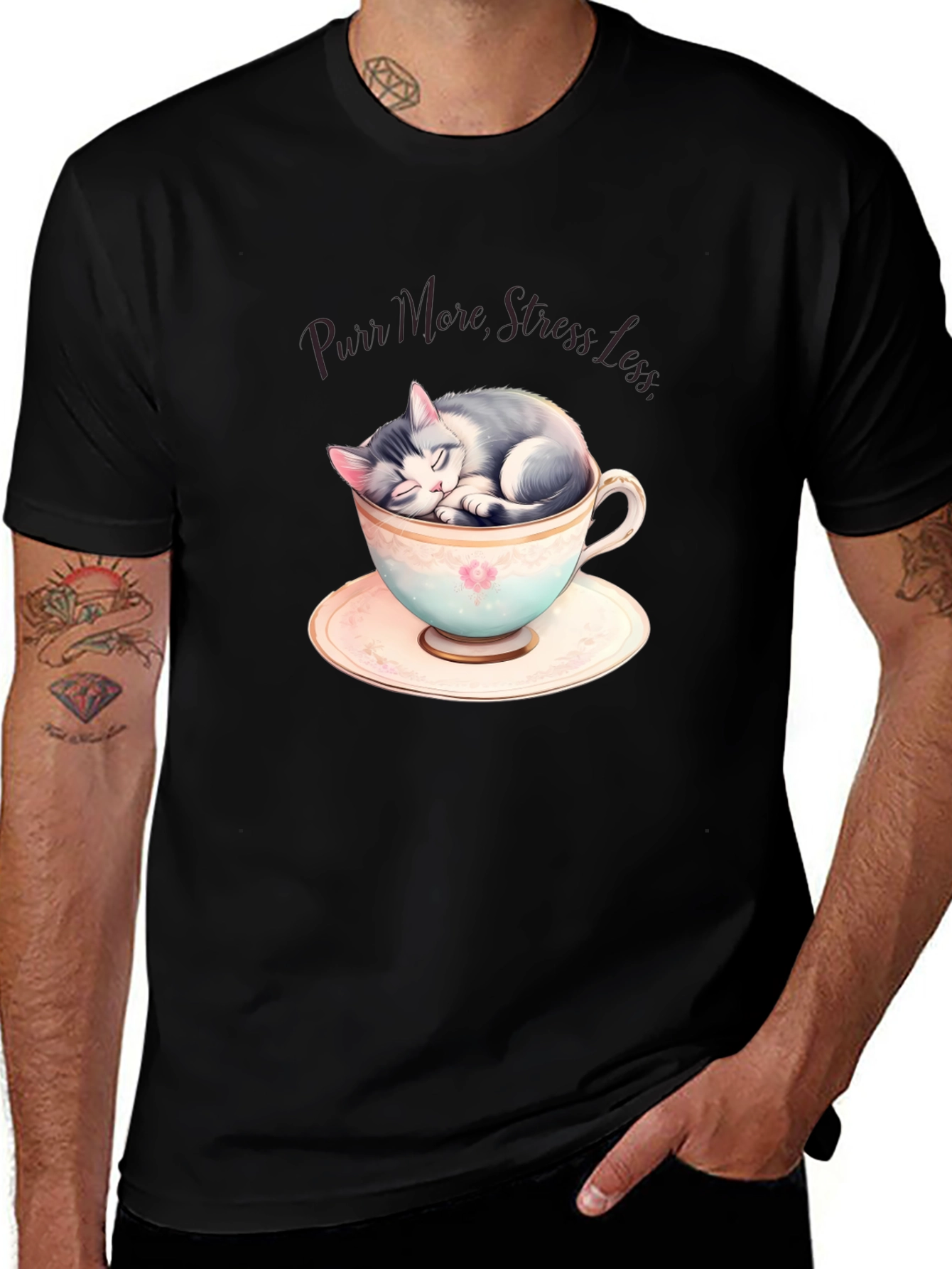 Purr More Stress Less T-Shirt: Cute Cat in Teacup