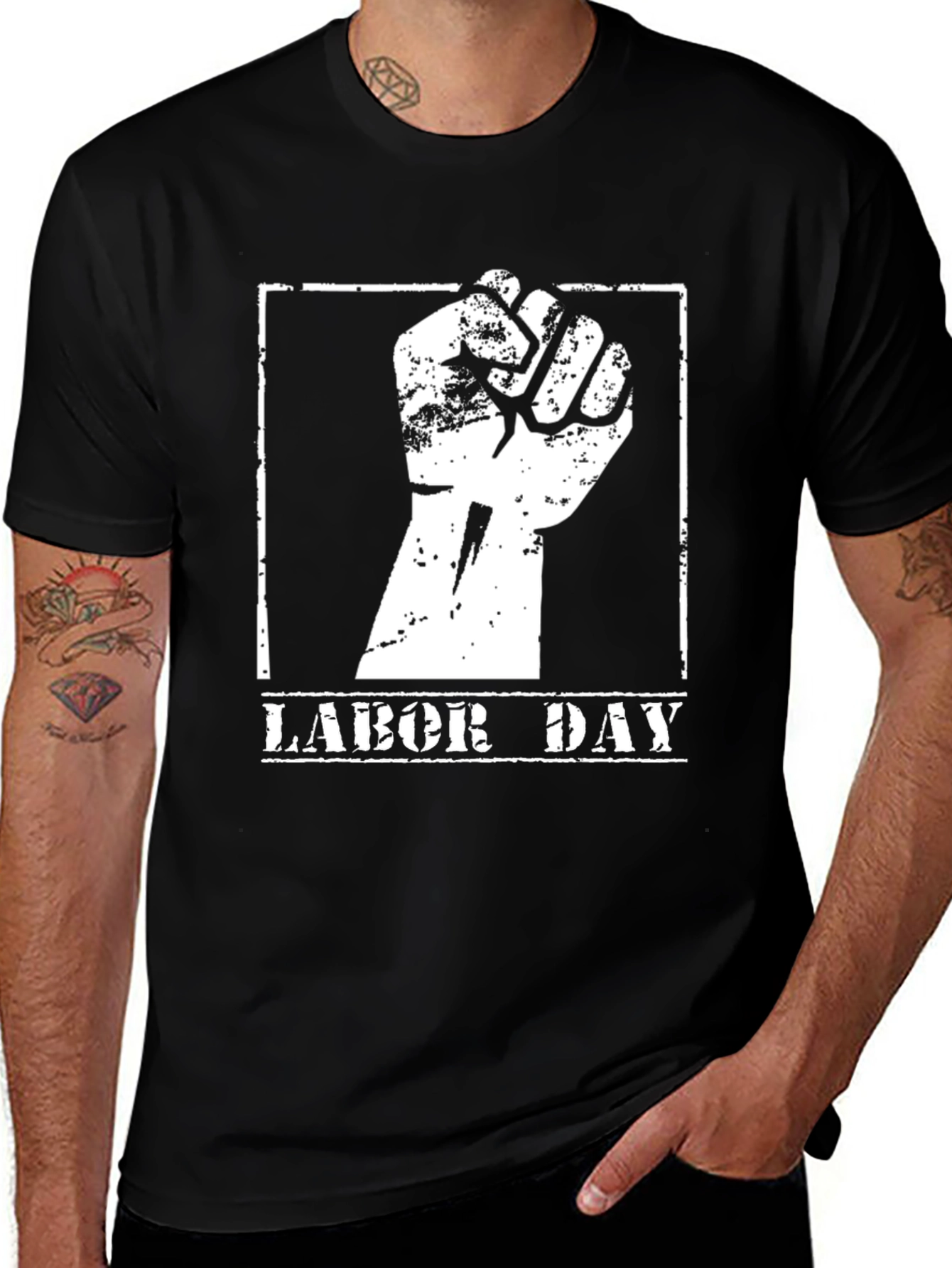 Labor Day Fist Graphic T-Shirt - Black Crew Neck Tee