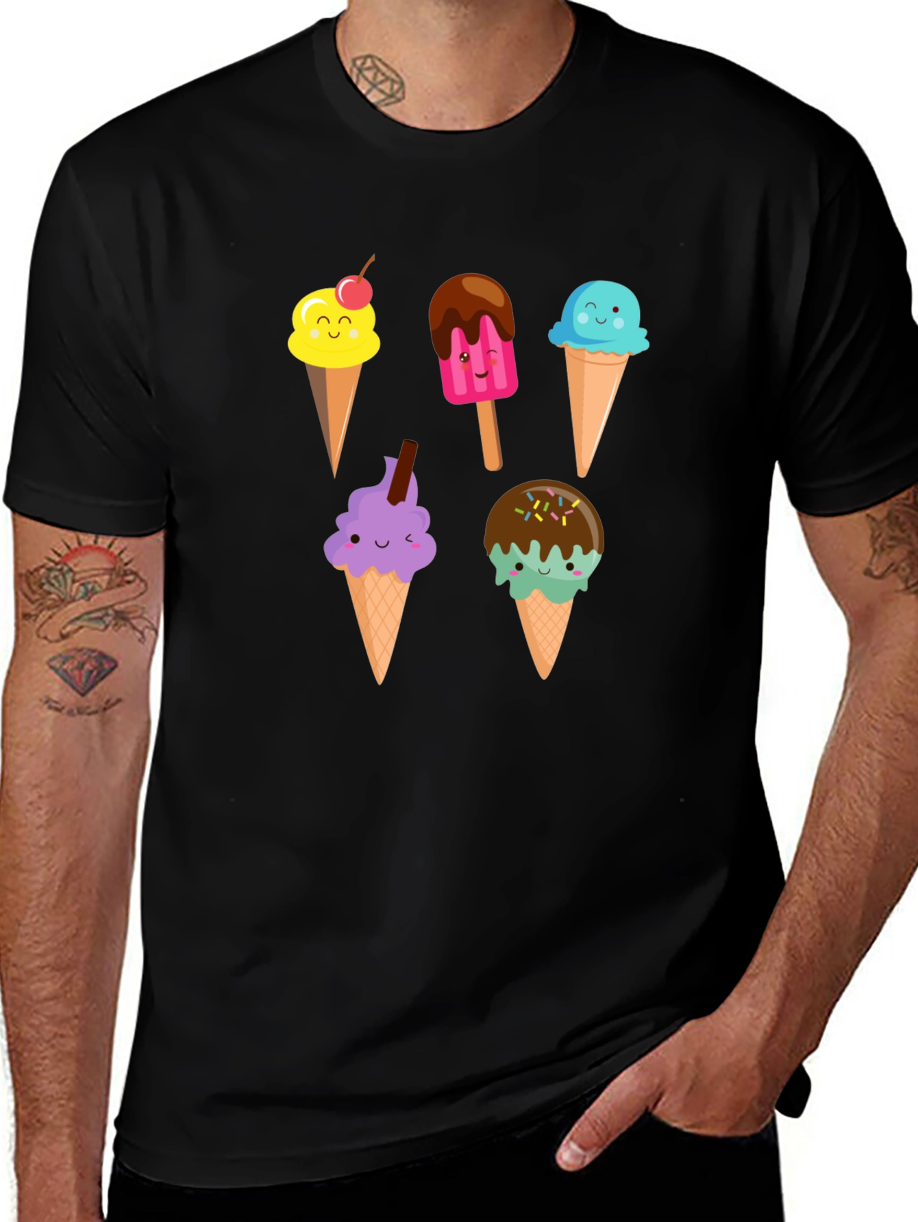 Variant 7 of Cute Ice Cream Graphic Tee - Black Cotton Shirt