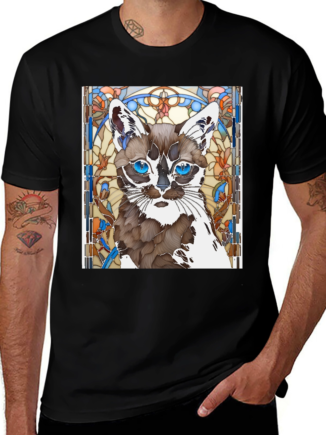 Variant 20 of Cat Stained Glass Art T-Shirt - Unique Design