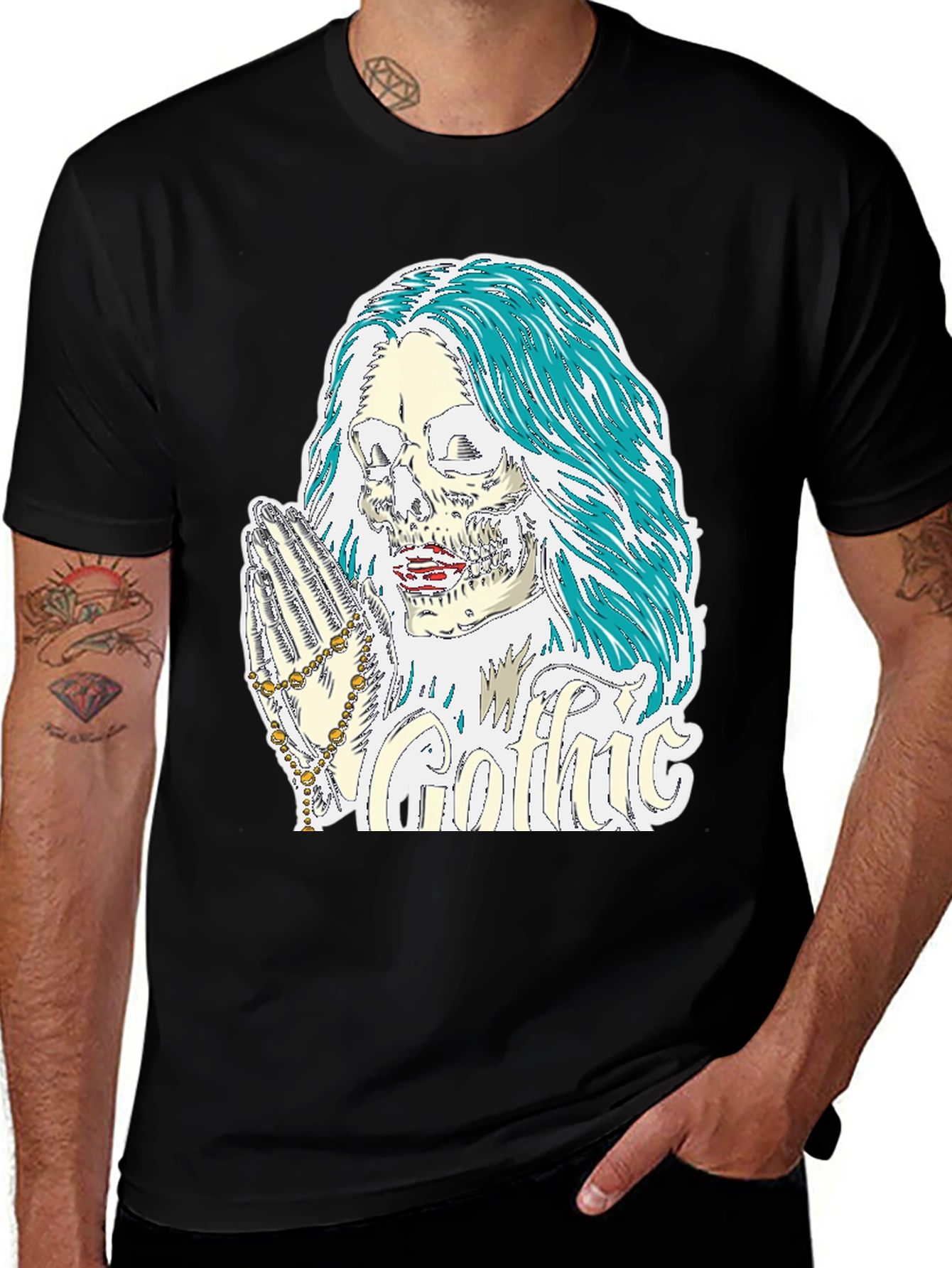 Gothic Skull Graphic Tee - Praying Skeleton