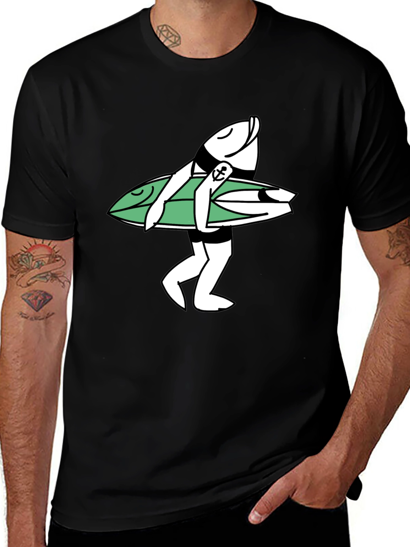 Variant 7 of Surfer Fish Graphic Tee - Black Cotton T-Shirt