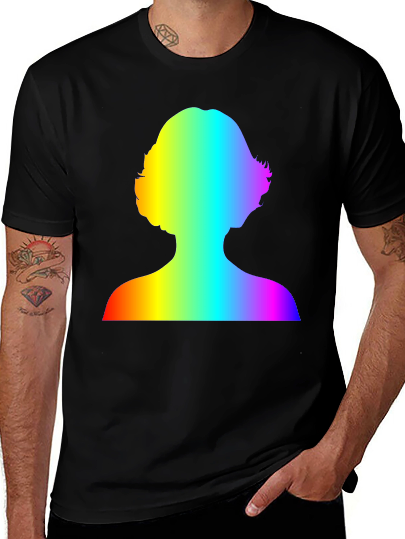 Variant 24 of Rainbow Silhouette Tee - Bold Graphic Print, Black Cotton Blend