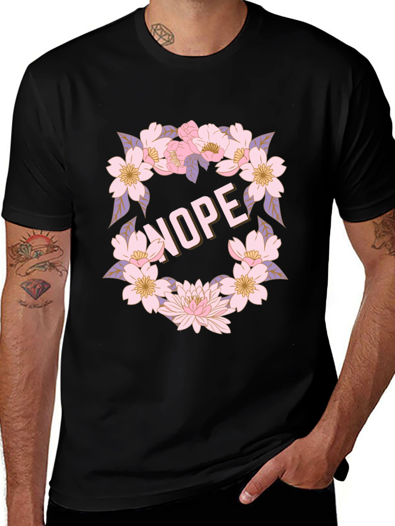 Variant 25 of Floral "Nope" Graphic Tee - Casual Black T-Shirt