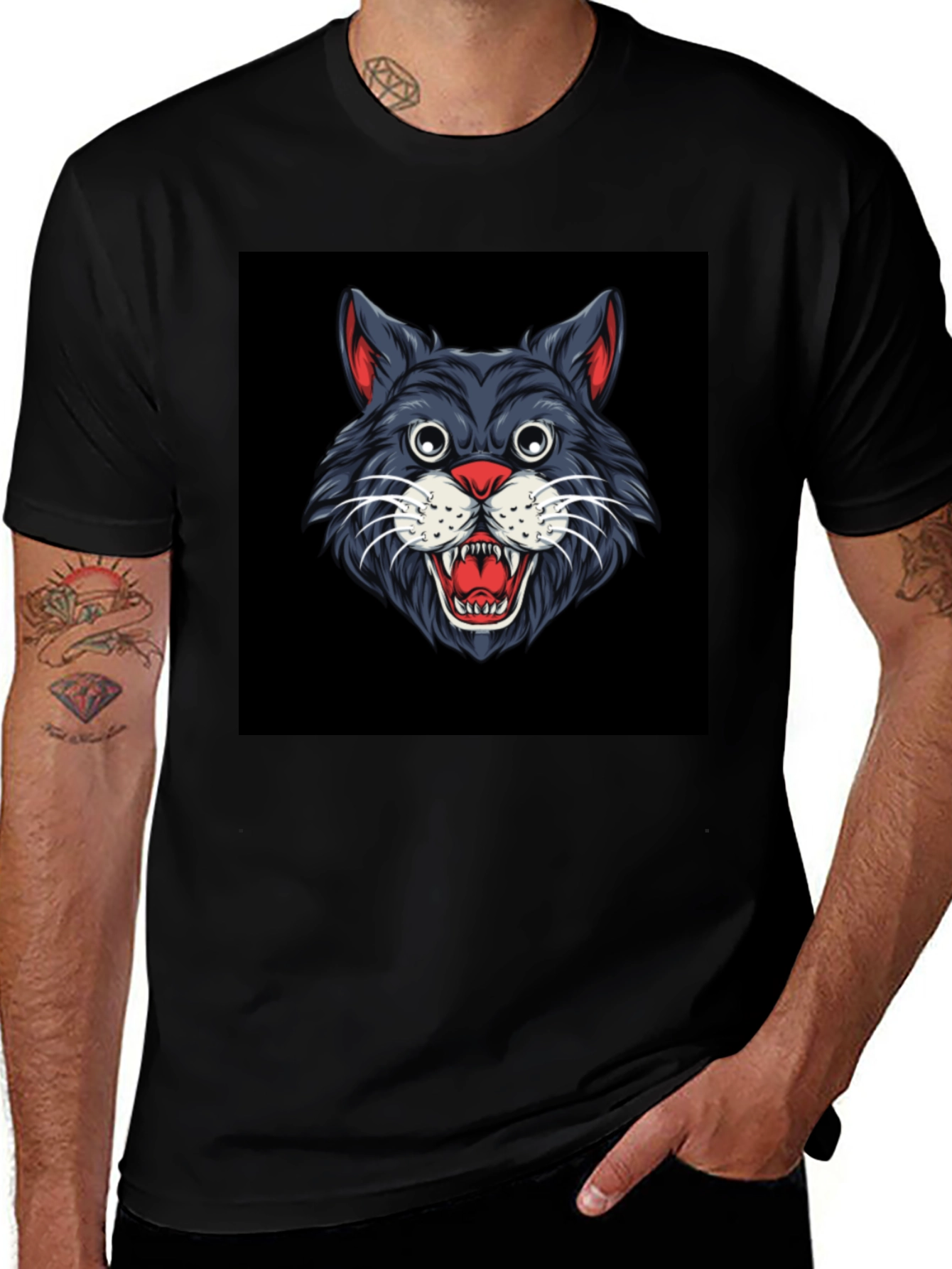 Variant 24 of Men's Black T-Shirt with Cat Graphic