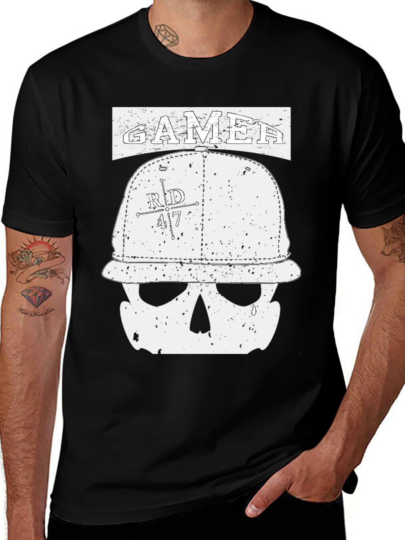 Gamer Skull Hat Graphic Black T-Shirt