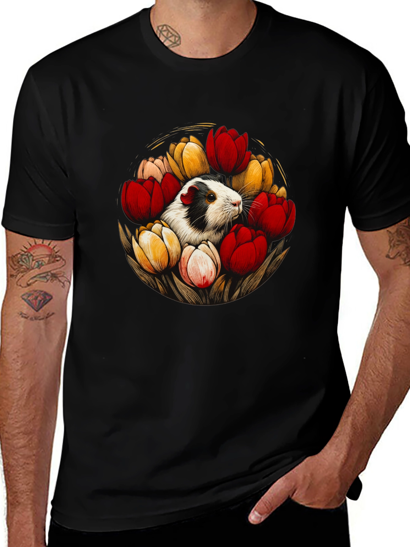Variant 15 of Guinea Pig in Tulips Graphic Tee - Black Cotton Blend