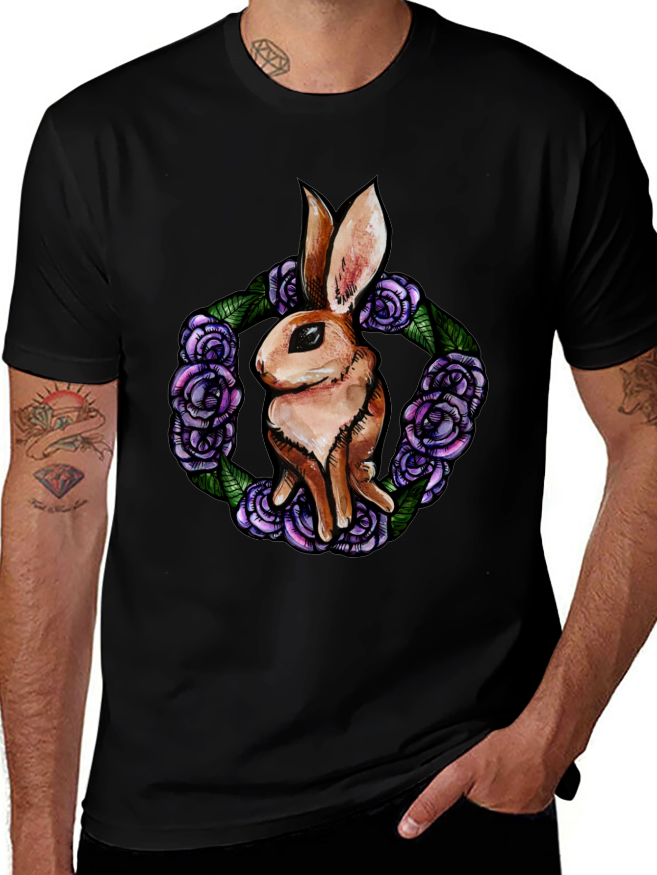 Variant 8 of Rabbit & Rose Wreath Black Graphic Tee