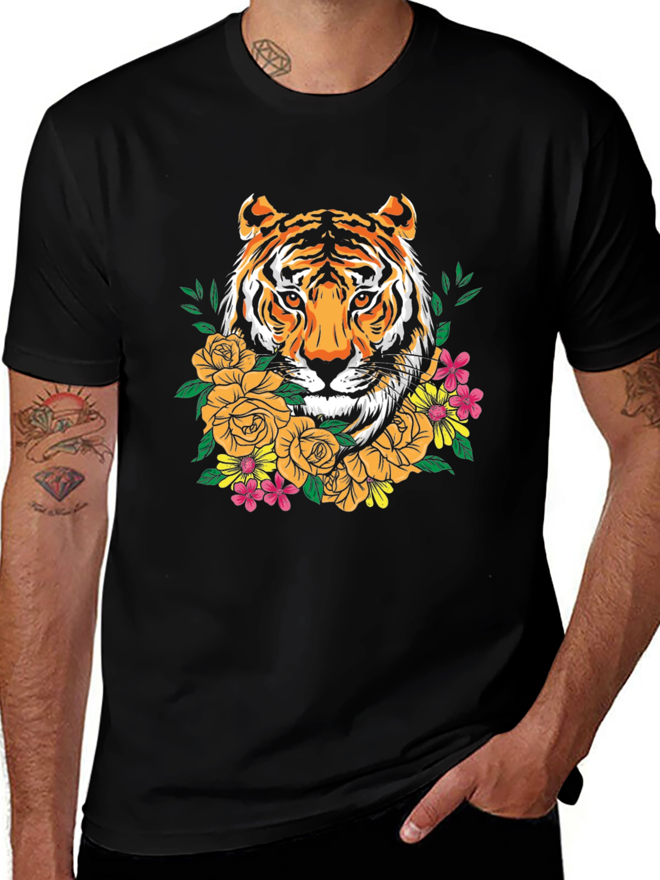 Variant 8 of Tiger Floral Graphic Print Crew Neck T-Shirt