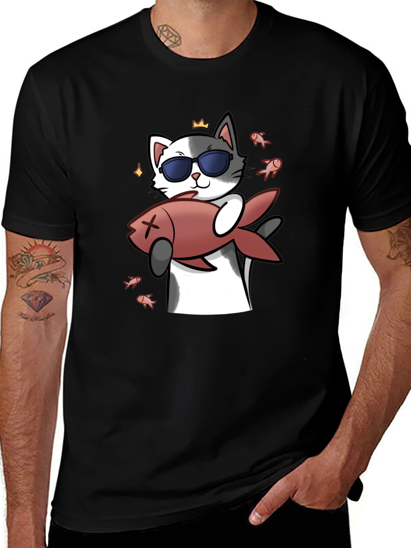 Variant 8 of Cool Cat With Fish Graphic Tee - Black