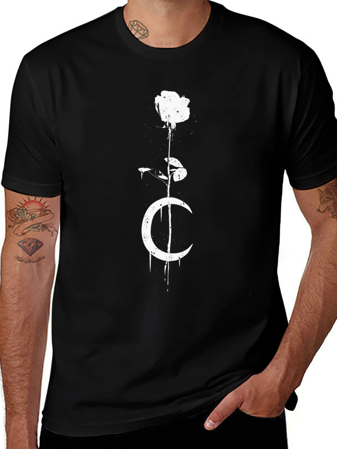 Variant 11 of Men's Black T-Shirt with Rose and Moon Graphic