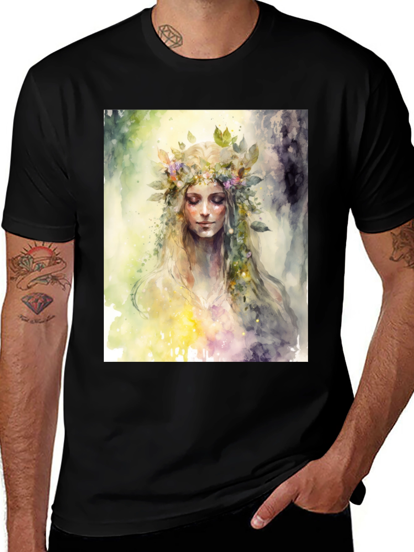 Variant 12 of Floral Goddess Graphic Tee - Black Cotton Blend