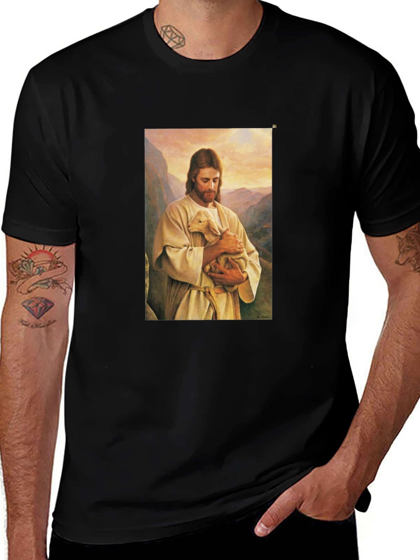 Jesus with Lamb Graphic Tee - Black Cotton T-Shirt
