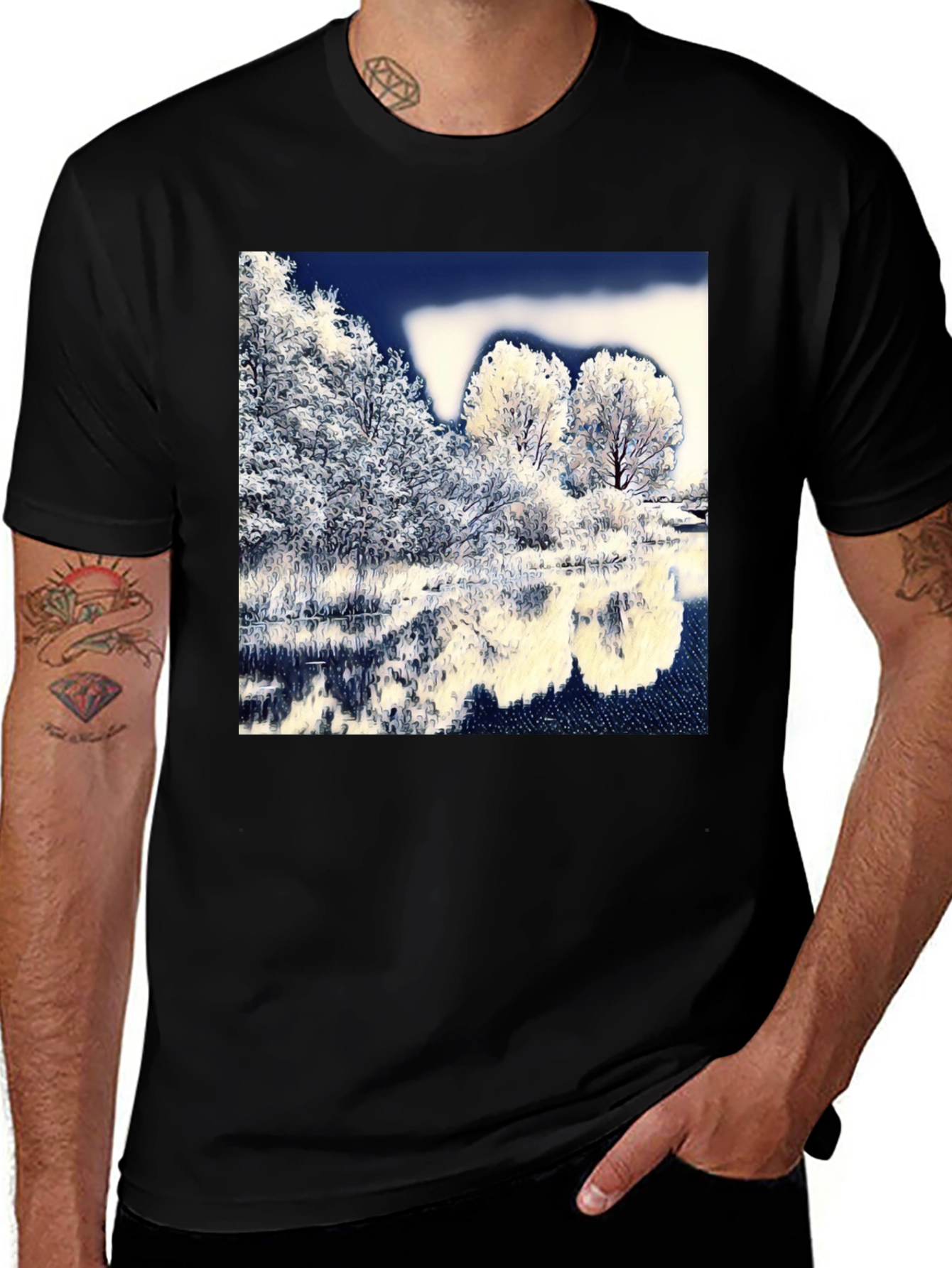 Variant 5 of Winter Lake Scene Graphic Tee - Black