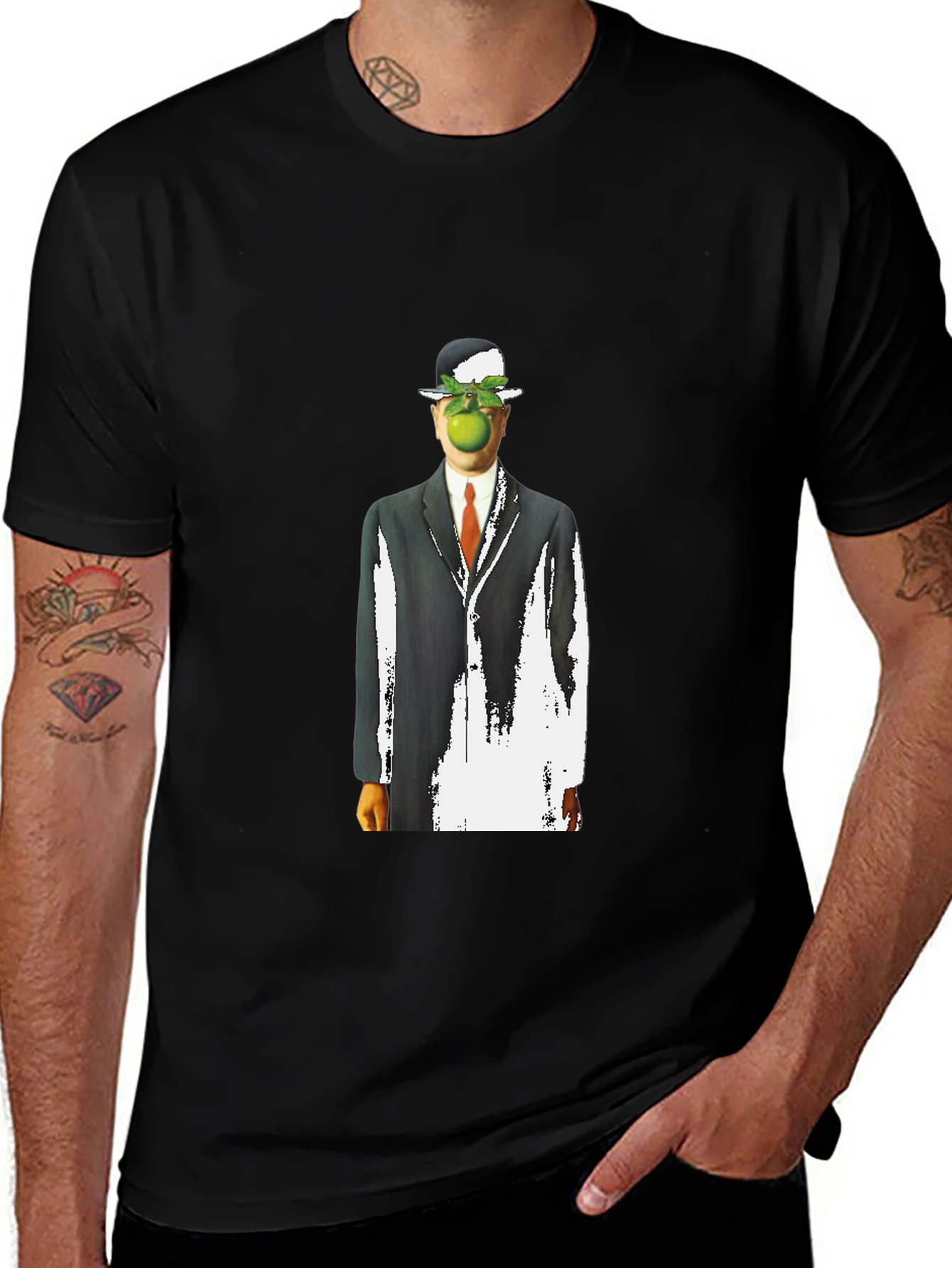 Variant 20 of Surreal Apple Man Graphic Tee - Stylish Black T-Shirt