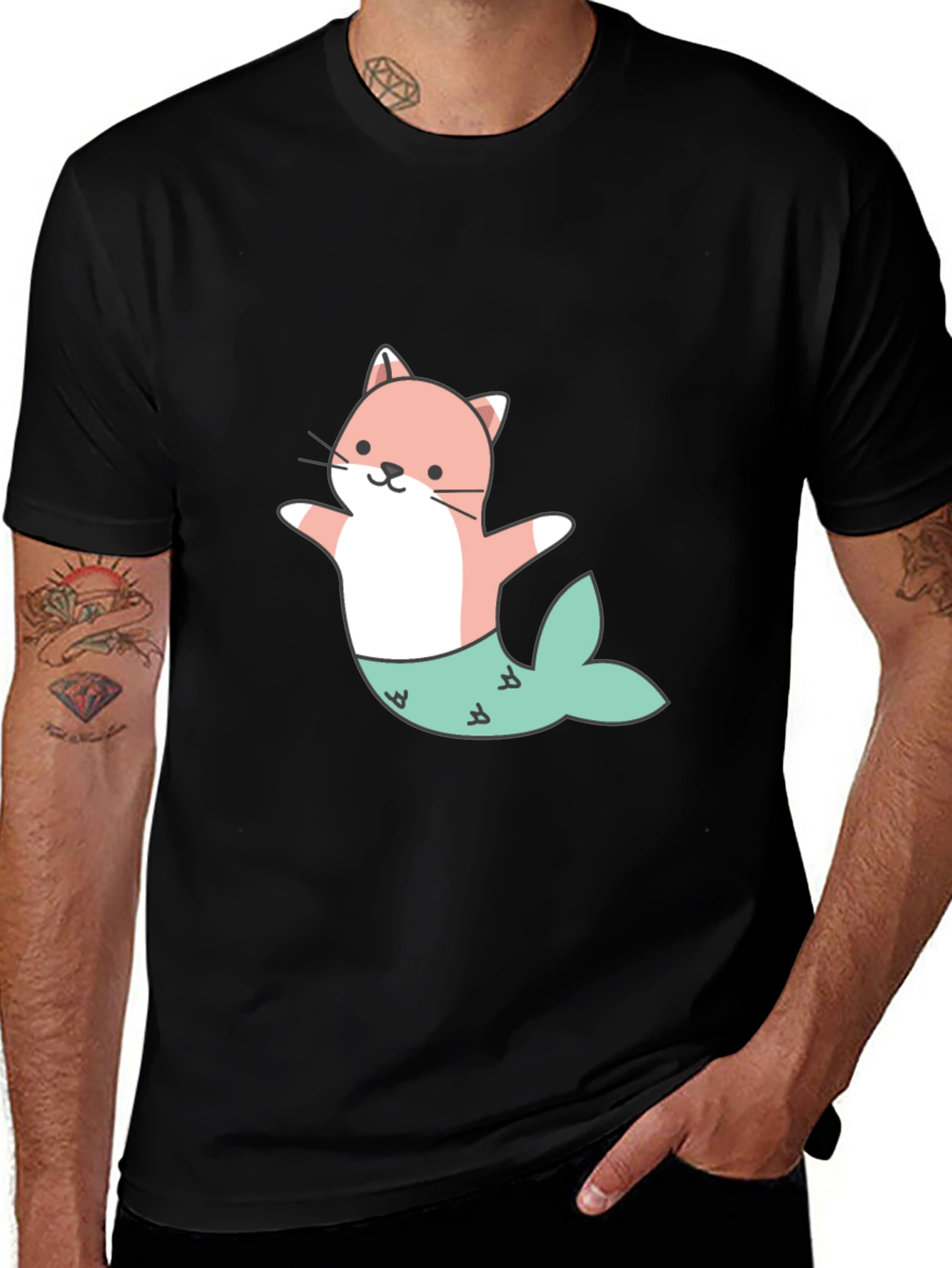 Variant 17 of Cute Cat Mermaid Graphic Tee - Black Unisex T-Shirt