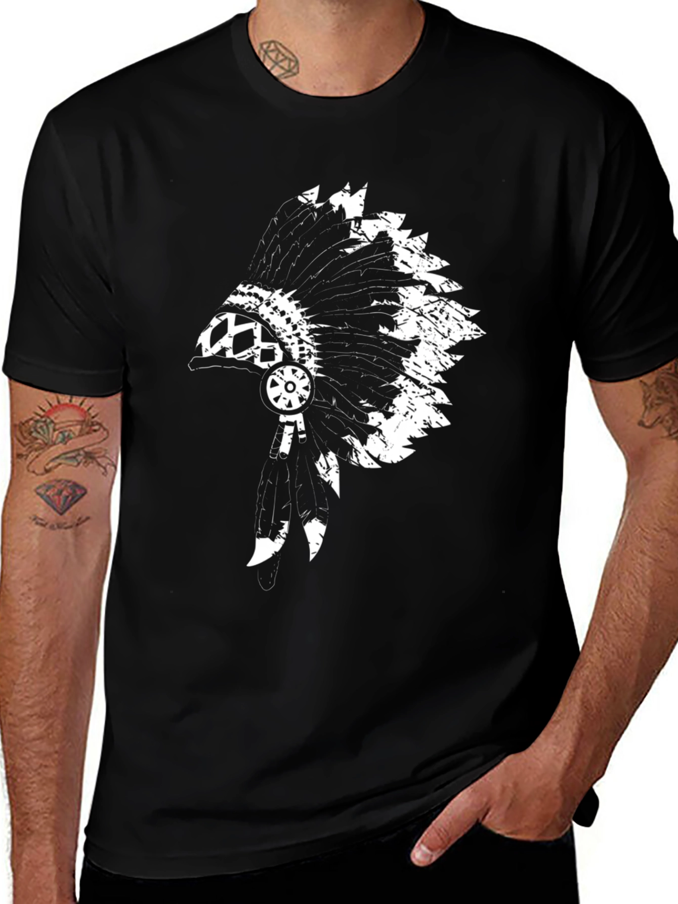 Variant 19 of Men's Black T-Shirt with Native American Headdress Graphic
