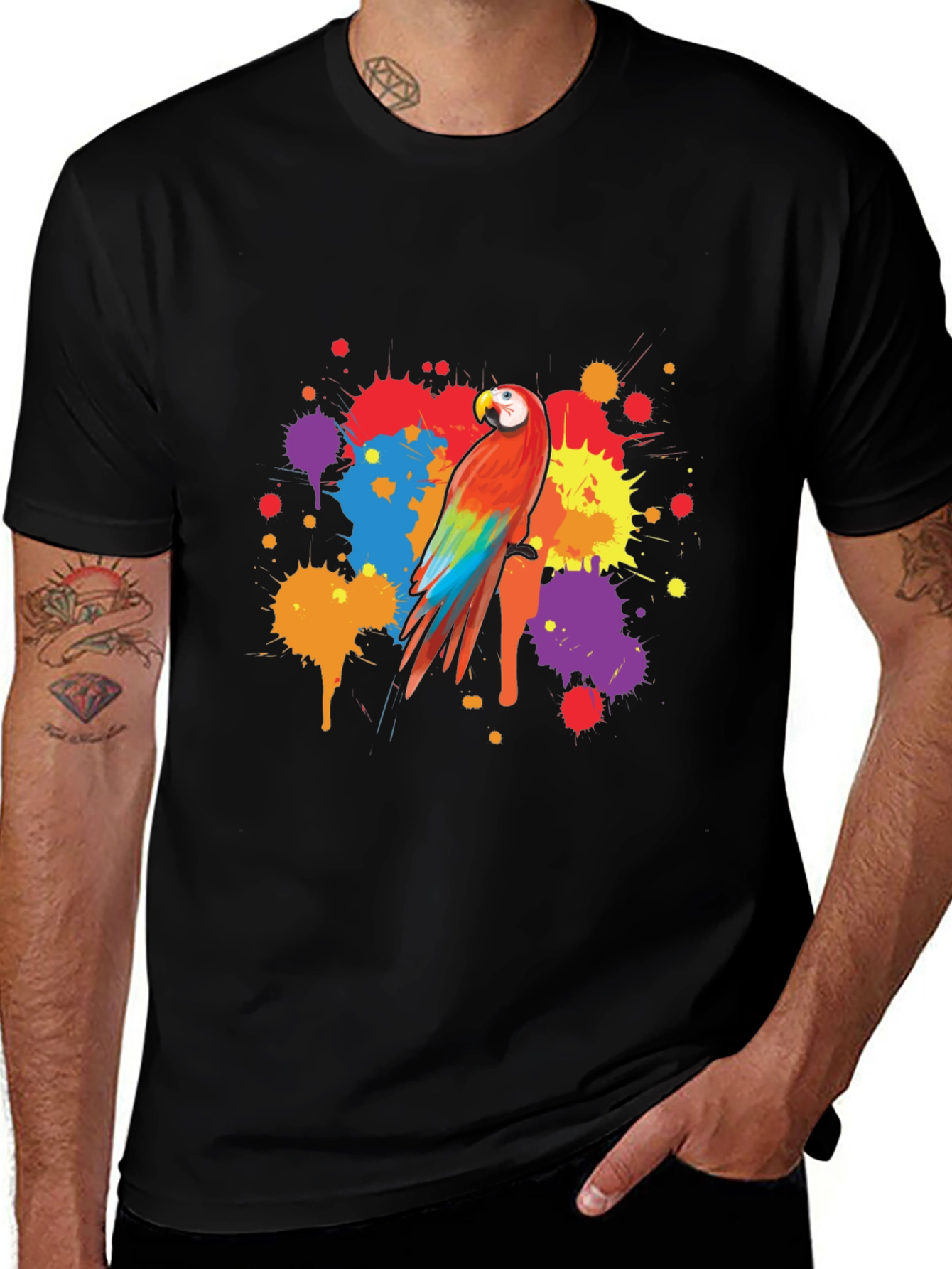 Variant 6 of Vibrant Parrot Graphic Tee - Stylish Men's Black T-Shirt