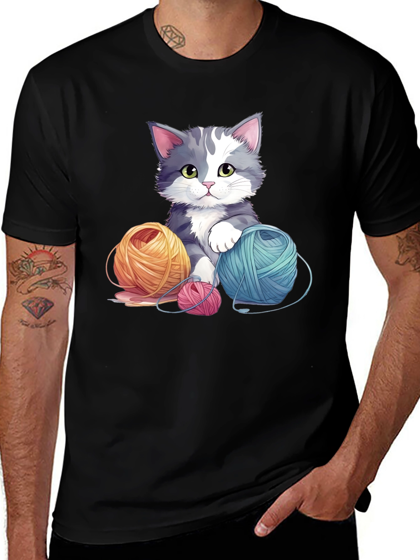 Variant 17 of Cute Cat with Yarn Balls Black T-Shirt