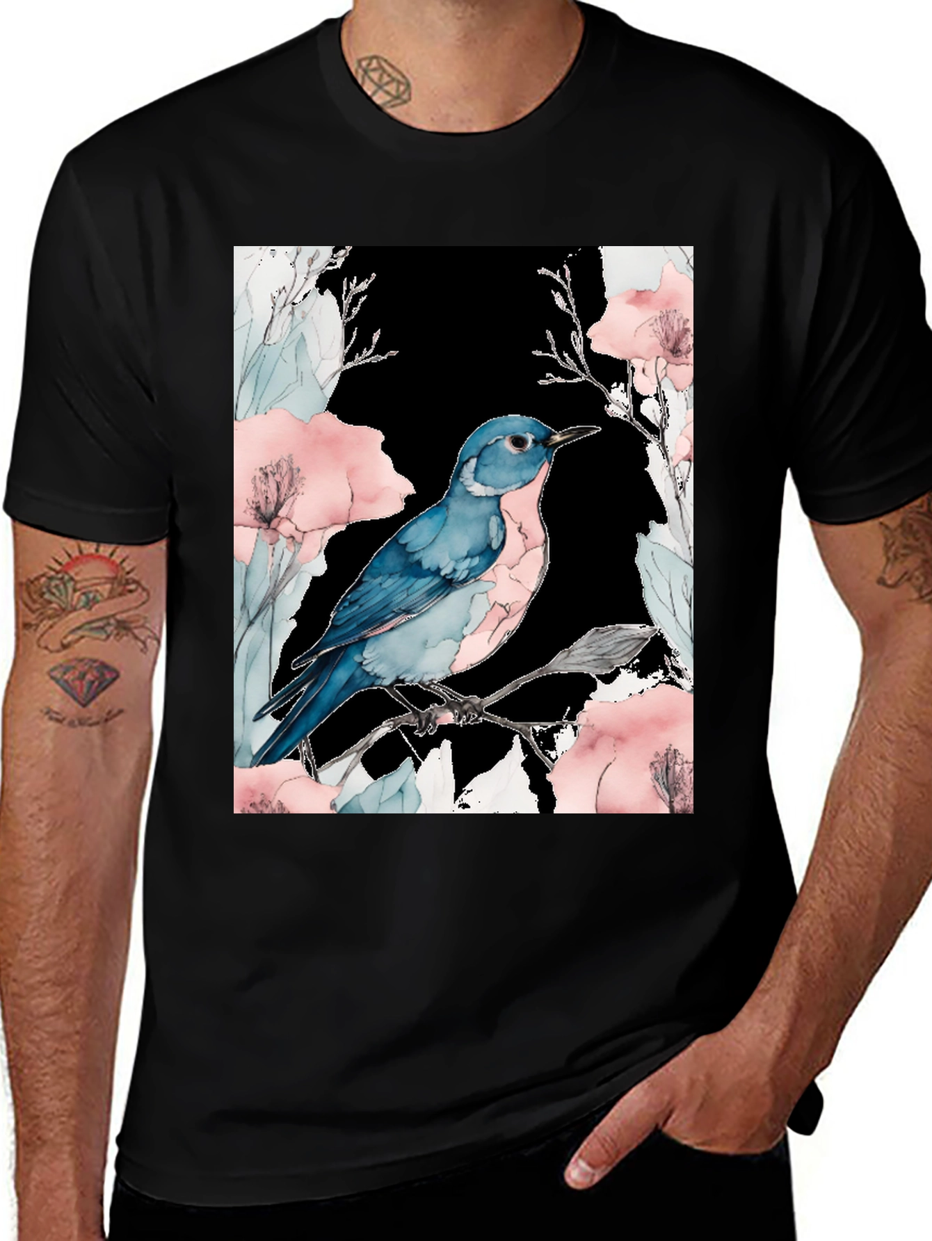Variant 8 of Blue Bird Floral Black T-Shirt