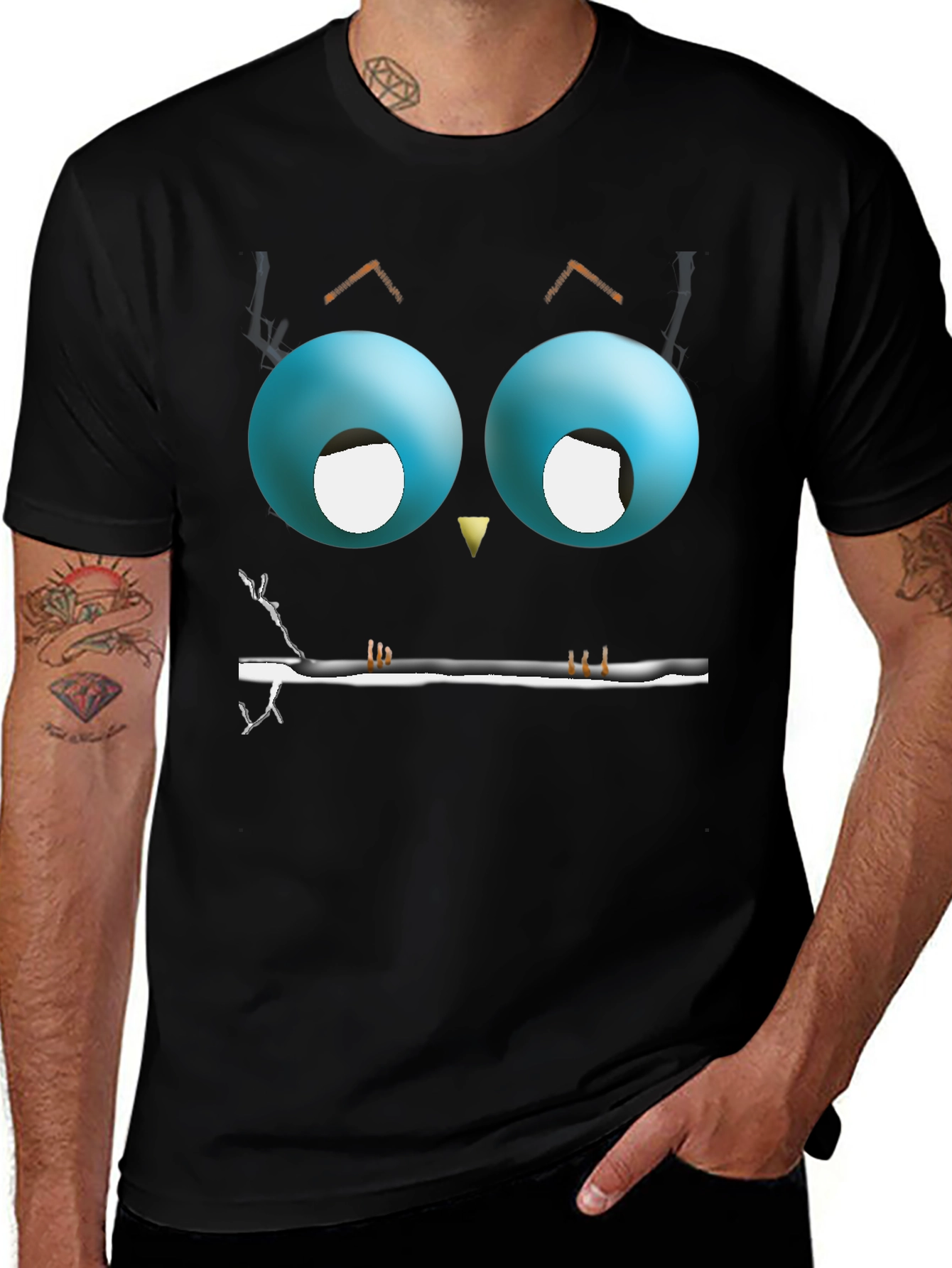 Black Cartoon Owl Eyes T-Shirt - Men's Black Graphic Tee main image
