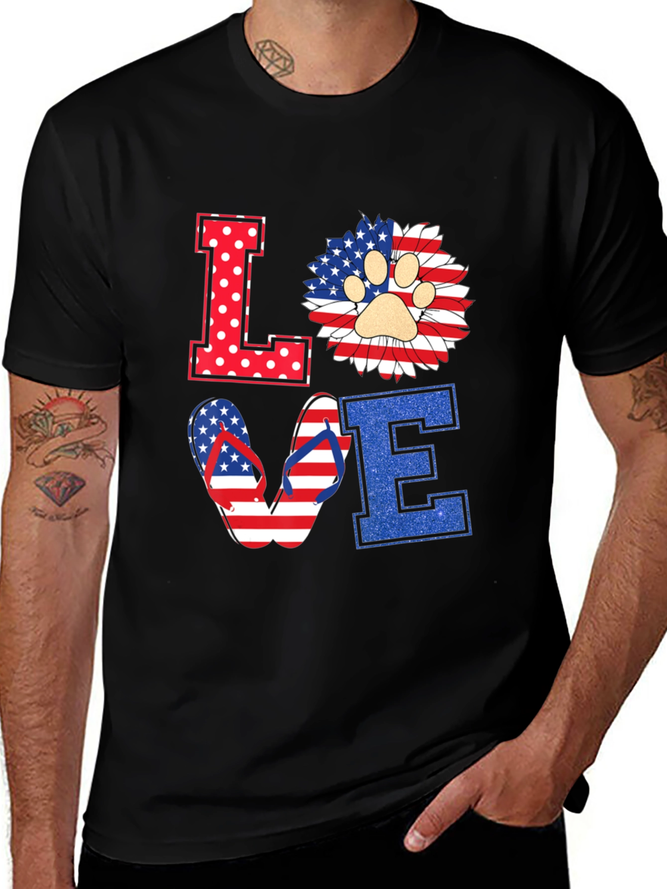 Patriotic LOVE T-Shirt, Paw Print, Flip Flops, USA Flag