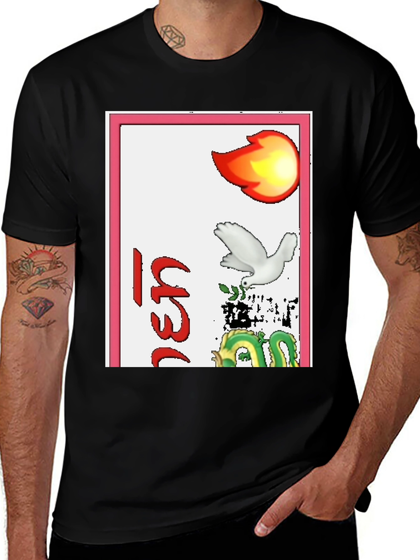 Variant 22 of Graphic T-Shirt with Dragon, Dove, and Flame Design