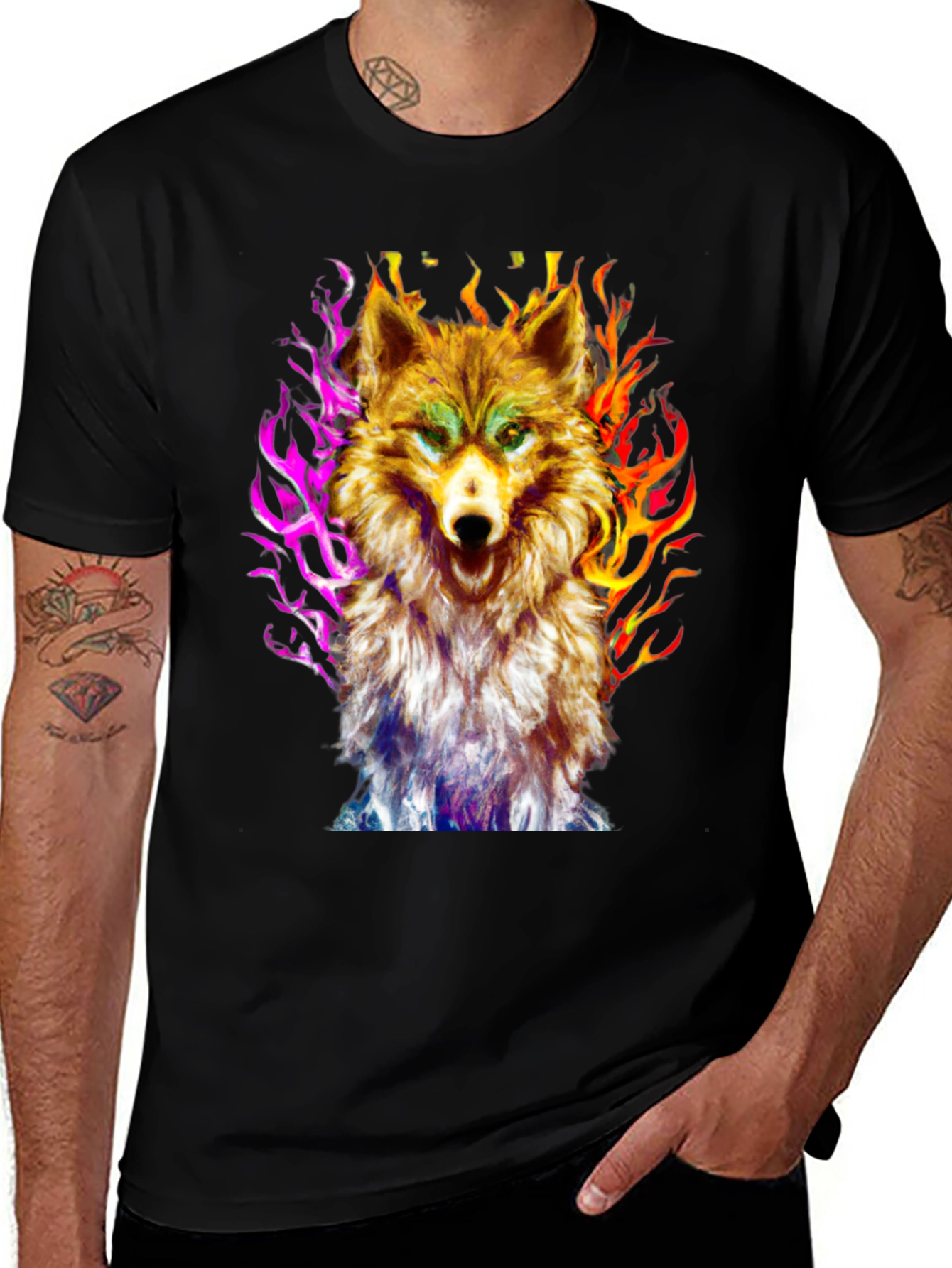 Variant 16 of Fiery Wolf Graphic Tee - Black Cotton