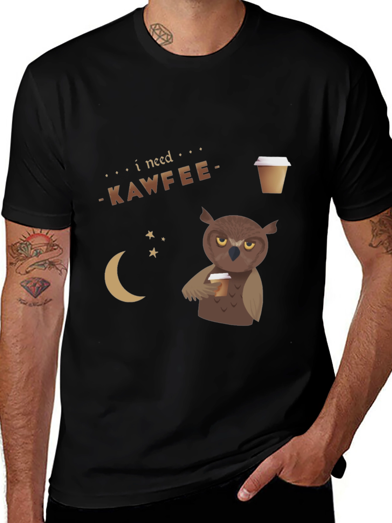 I Need Kawfee Owl Graphic Black T-Shirt
