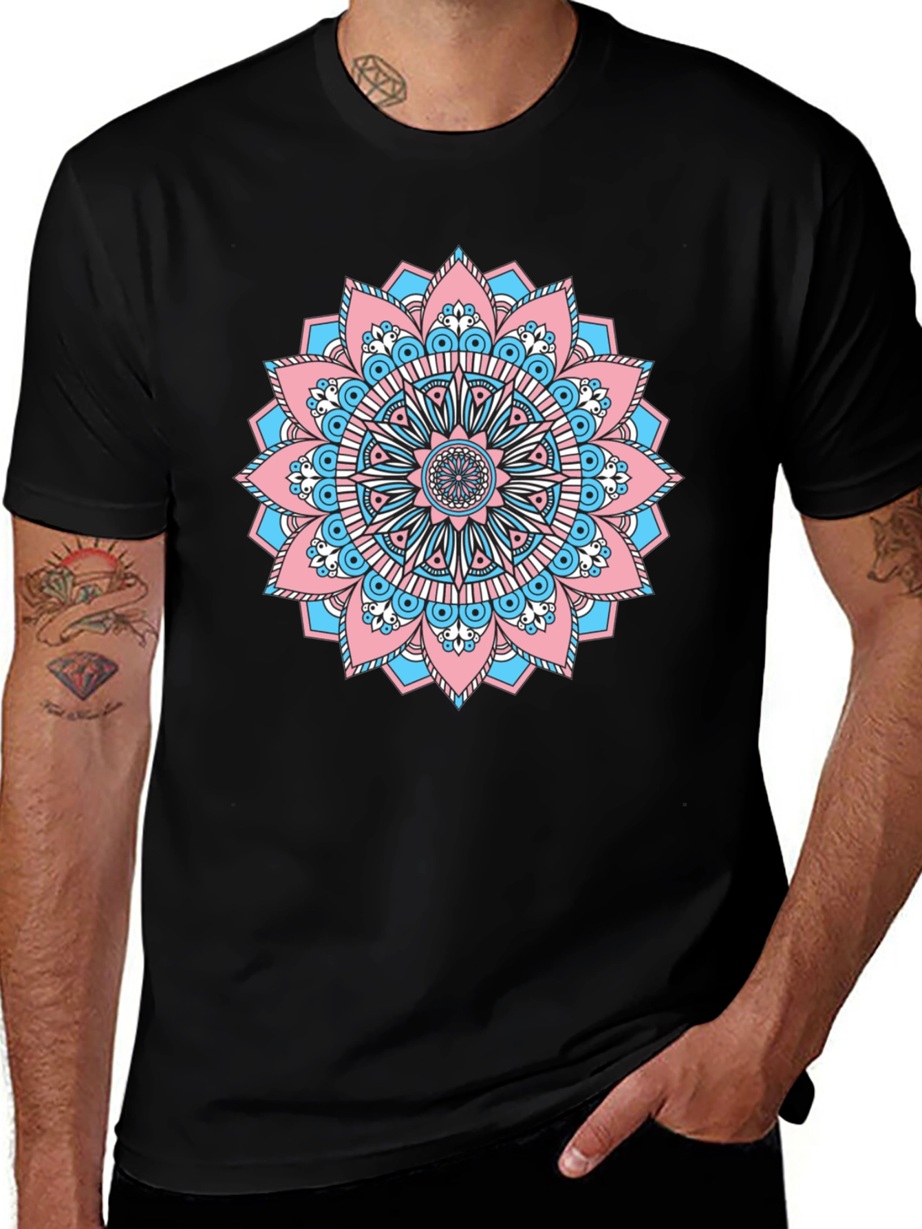 Variant 17 of Black T-Shirt with Transgender Pride Mandala Design
