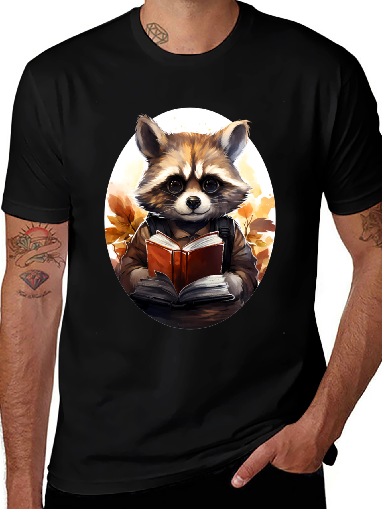Variant 19 of Raccoon Reader Graphic Tee - Black Cotton