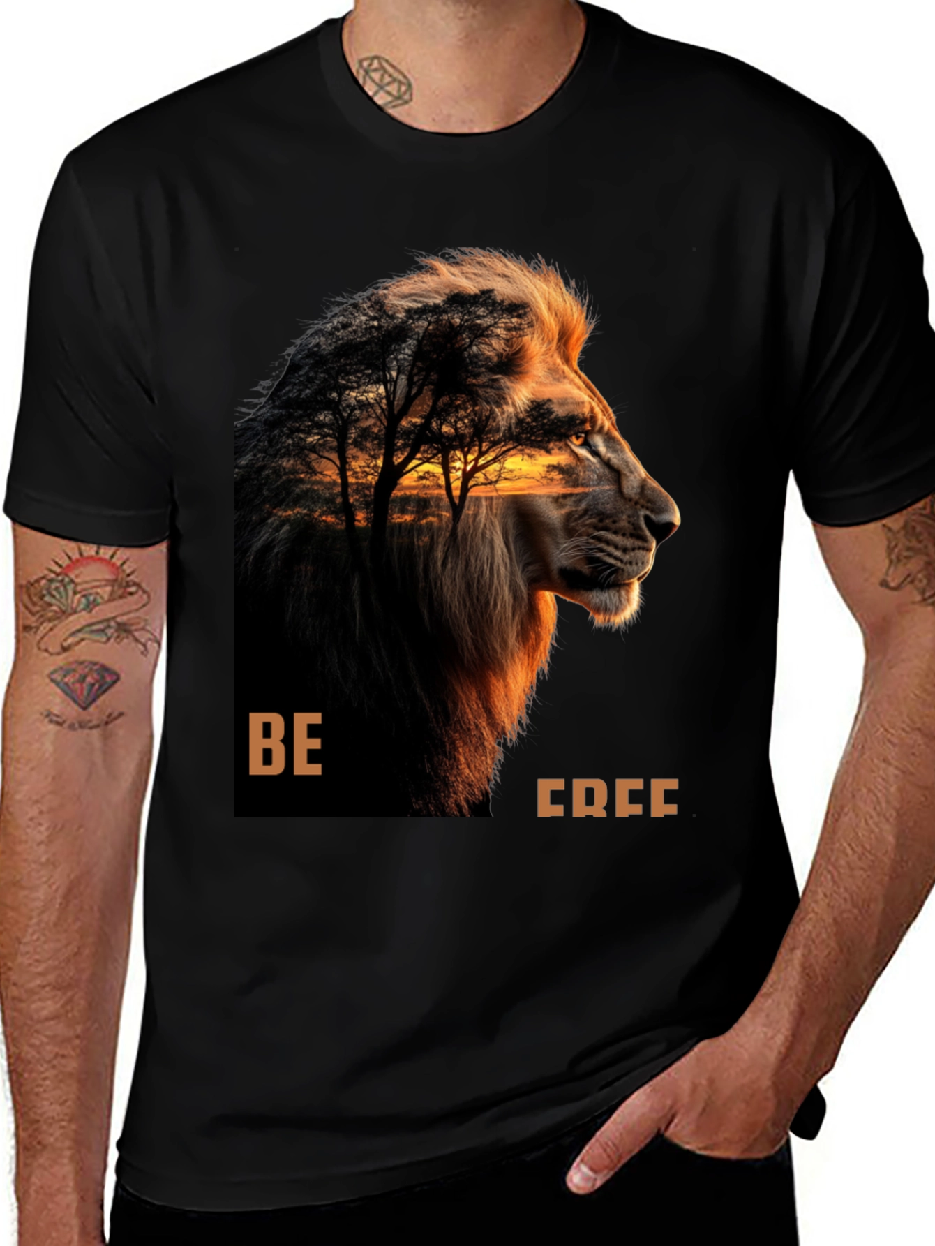 Variant 6 of Lion 'Be Free' Graphic Print Black T-Shirt