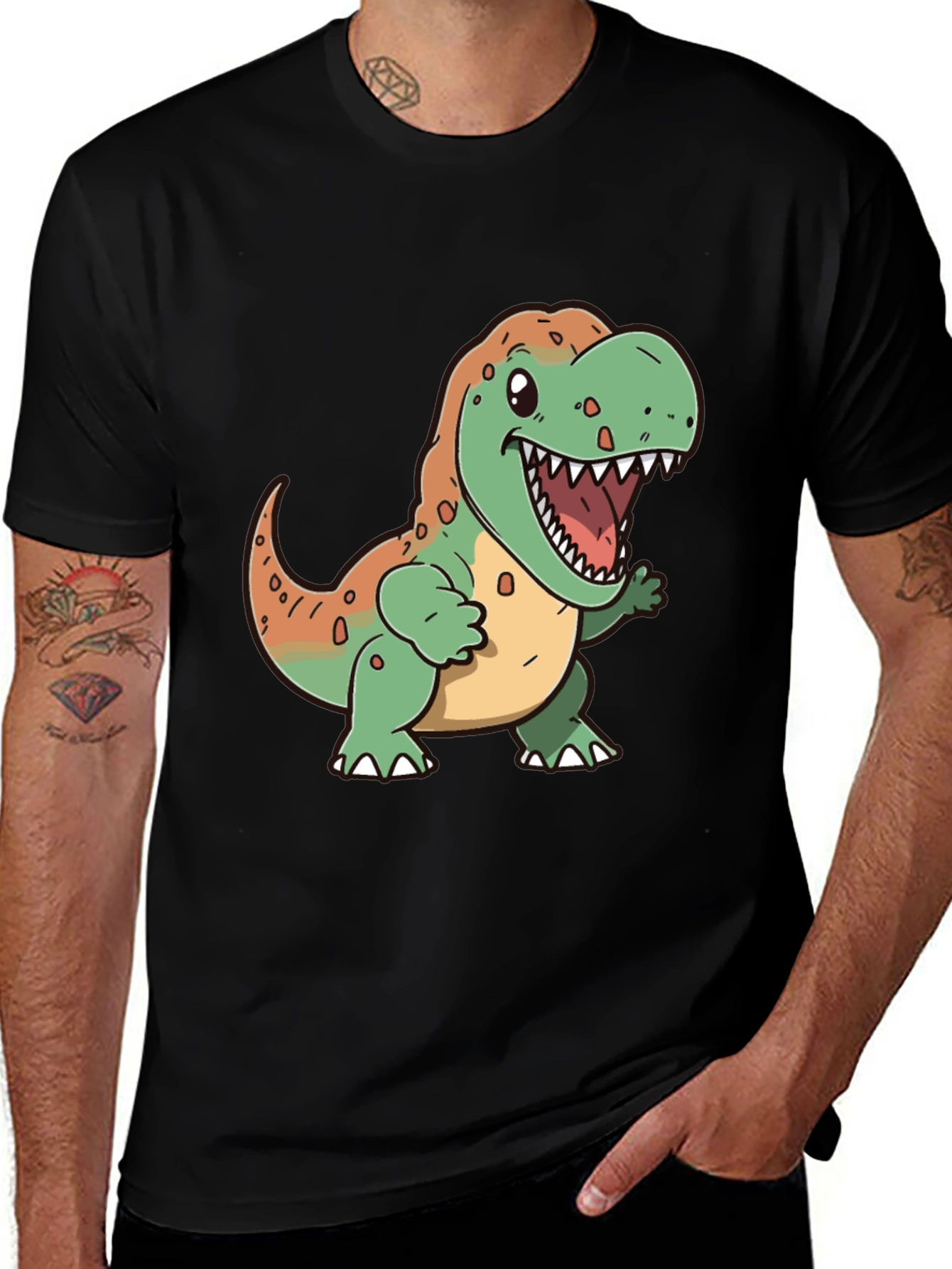 Variant 12 of Cartoon Dinosaur Graphic Tee - Black T-Shirt