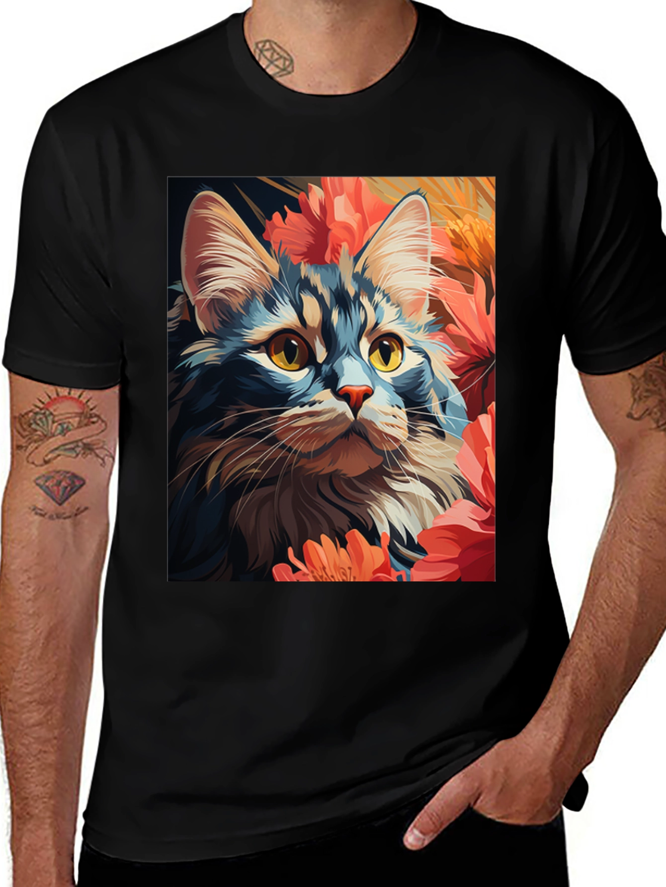 Variant 16 of Cat & Flowers Graphic Tee - Unisex Black T-Shirt