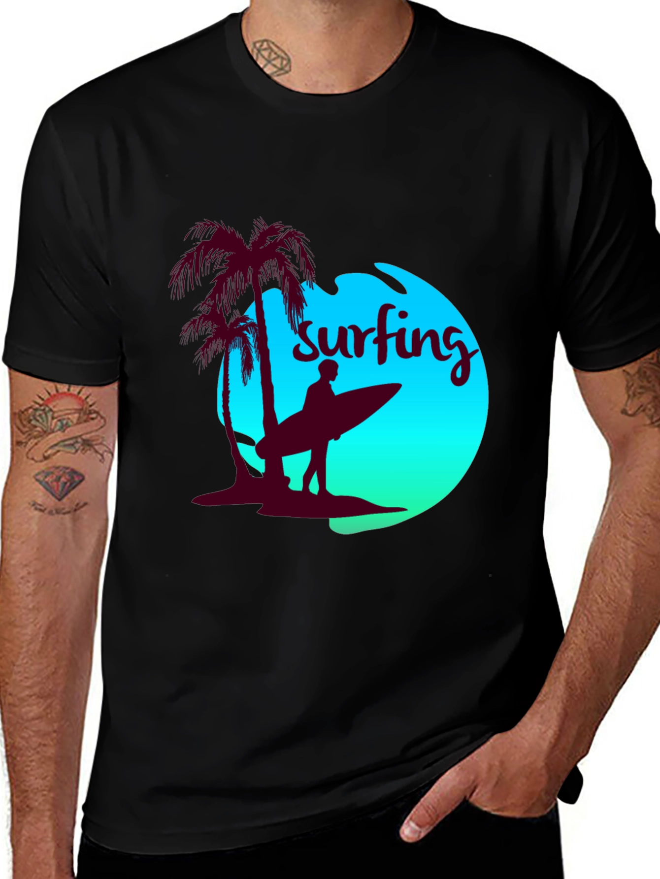 Surfing T-Shirt - Palm Tree Beach Design