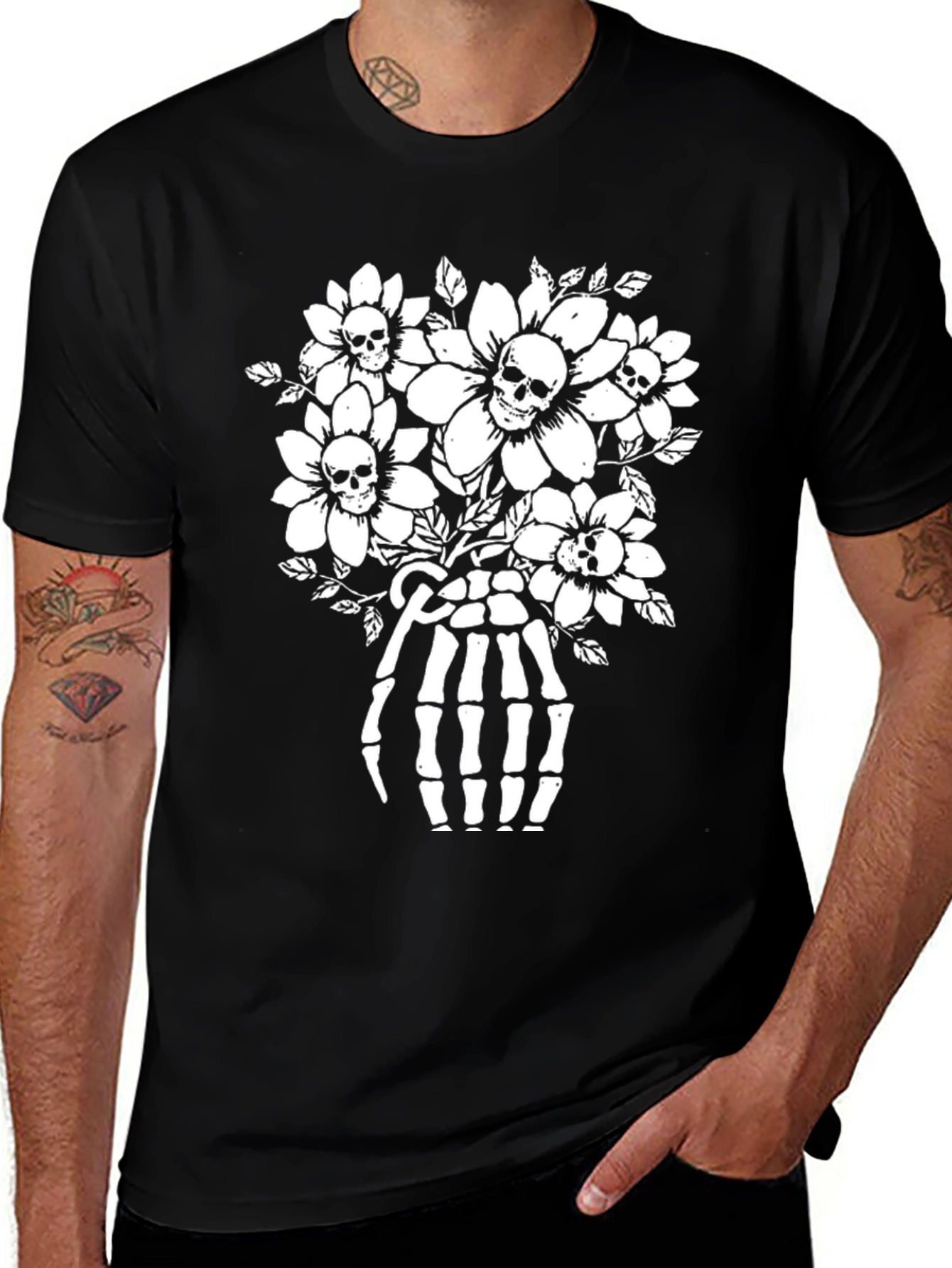 Variant 24 of Skull & Flower Skeleton Hand Graphic T-Shirt