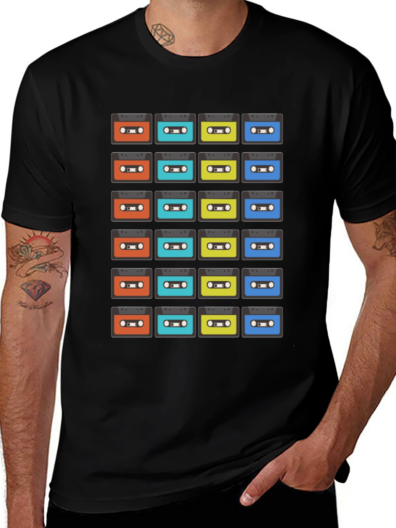 Variant 23 of Retro Cassette Tape Pattern Black T-Shirt