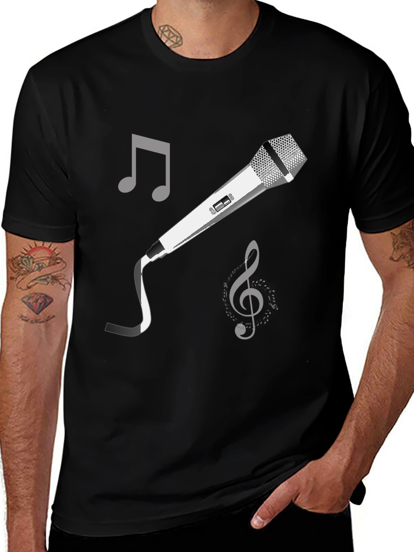 Men's Black Music Graphic Tee - Microphone and Notes