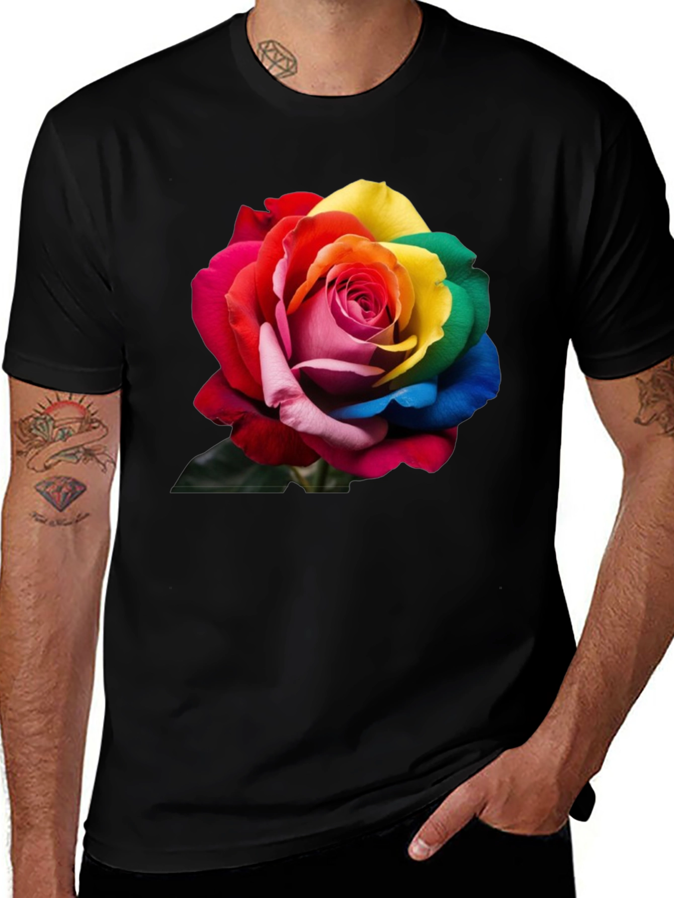 Rainbow Rose Graphic Tee - Men's Black T-Shirt