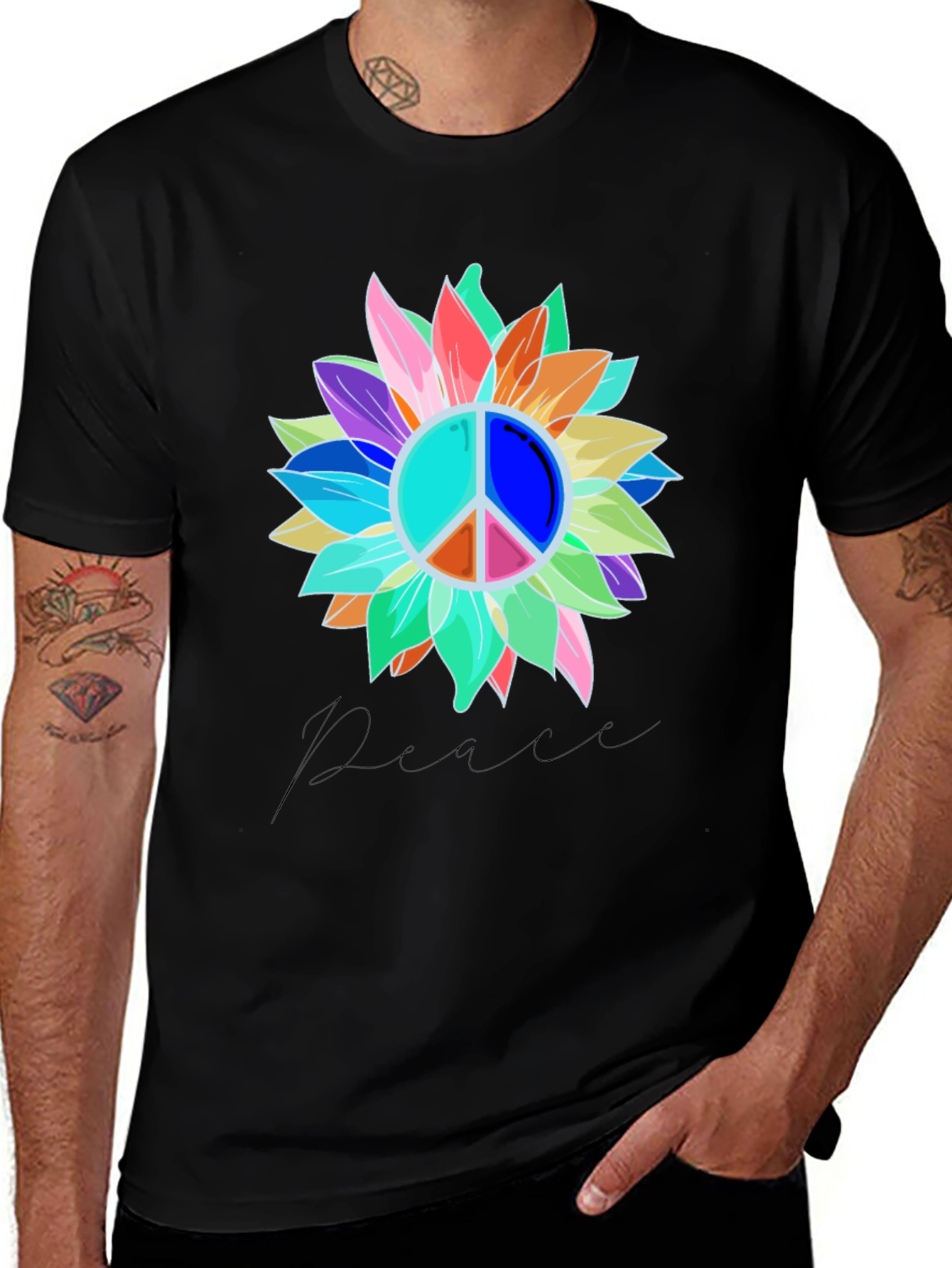 Variant 8 of Peace Sign Sunflower Graphic Tee - Black