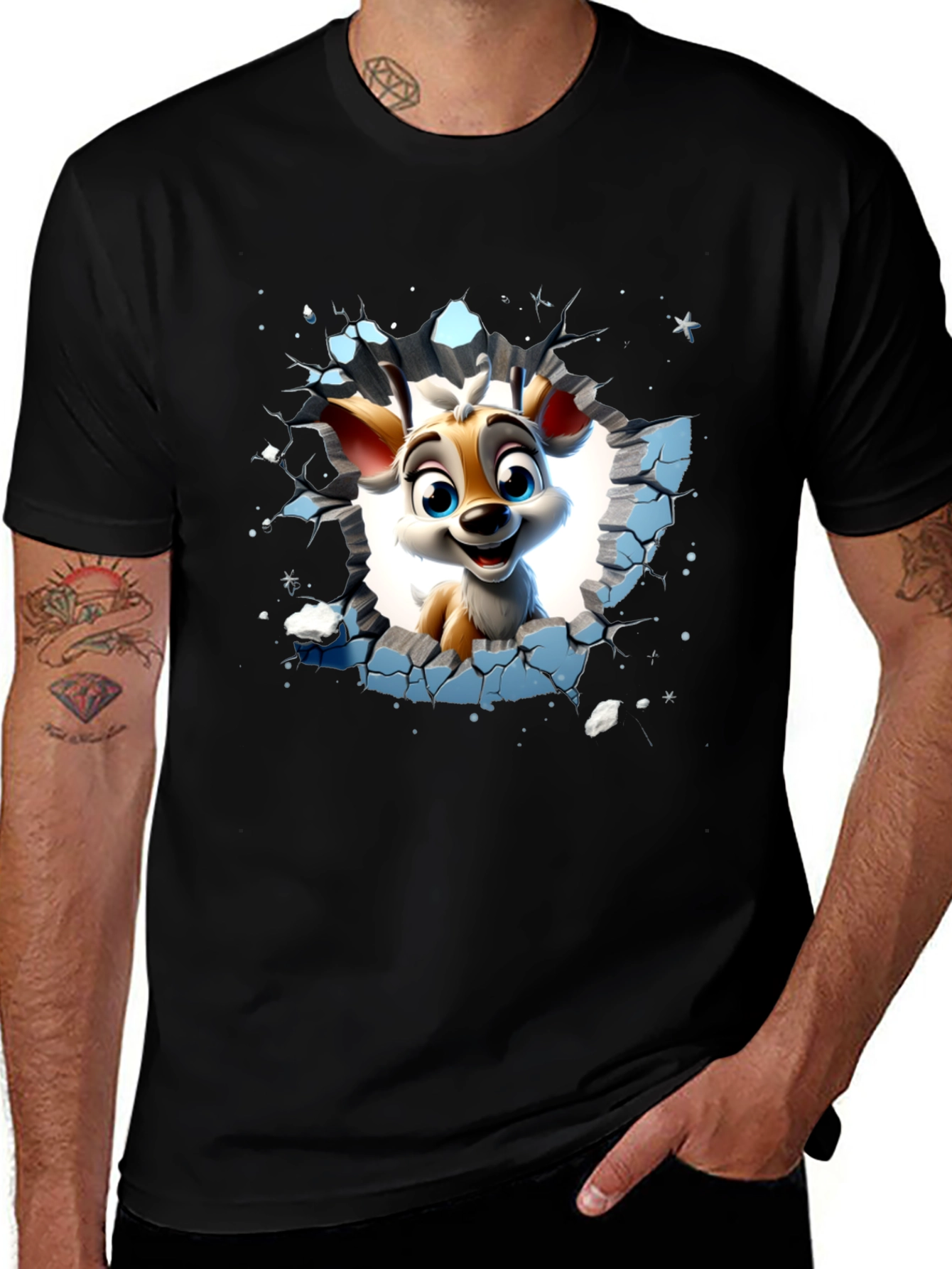 Variant 13 of Cartoon Deer Graphic Black T-Shirt