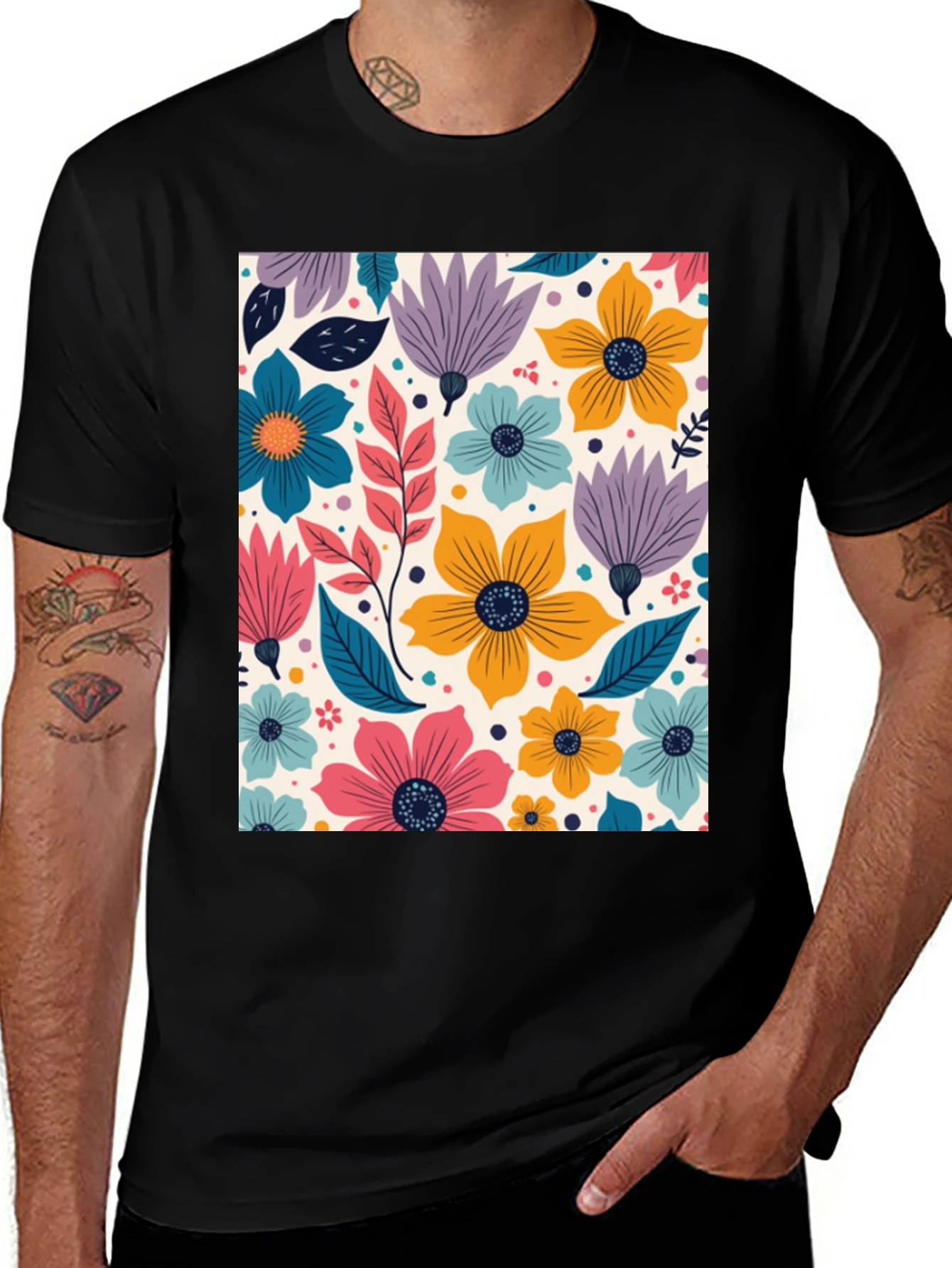 Variant 18 of Floral Pattern Black Crew Neck T-Shirt