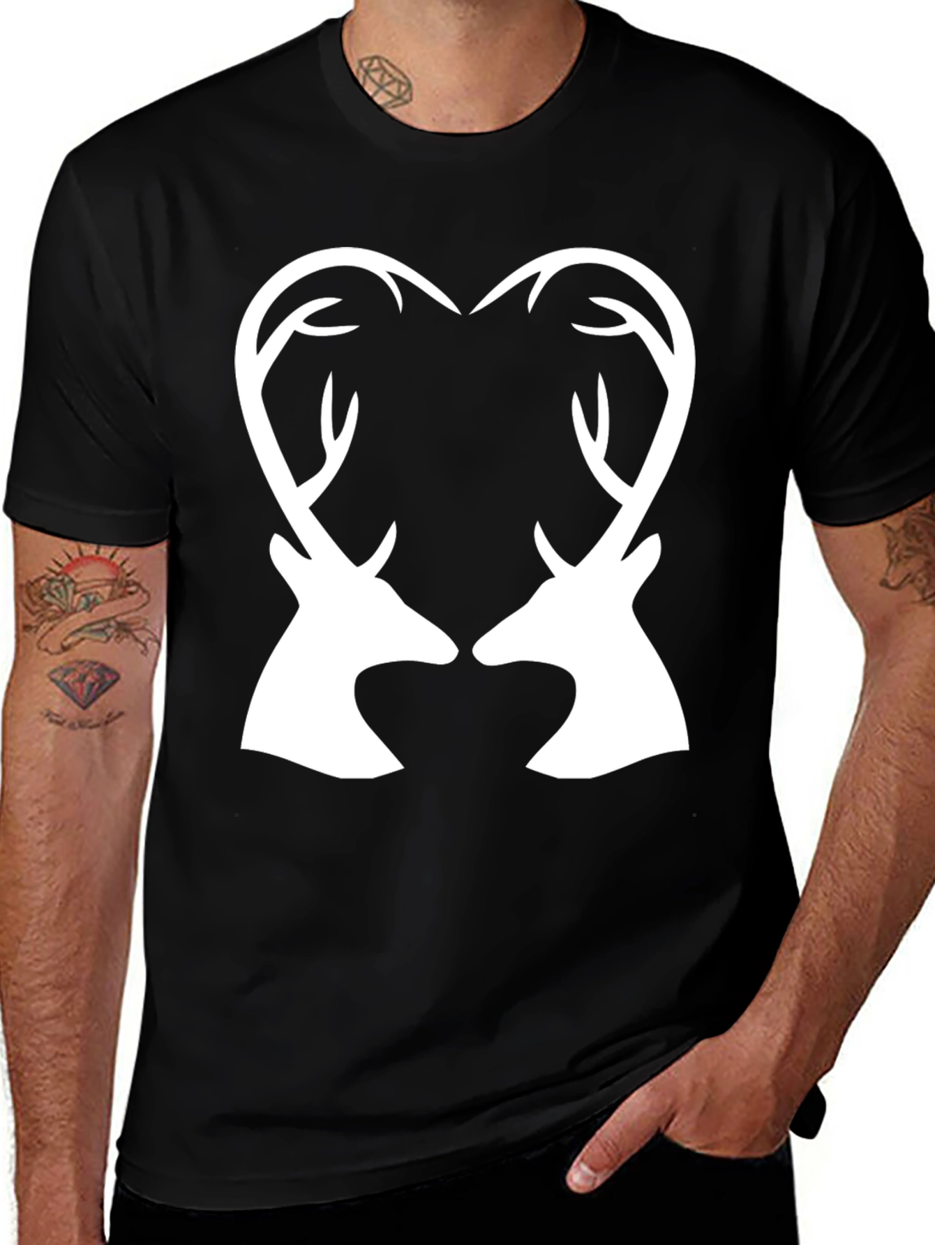 Variant 7 of Deer Heart Antler Graphic Tee - Black Cotton